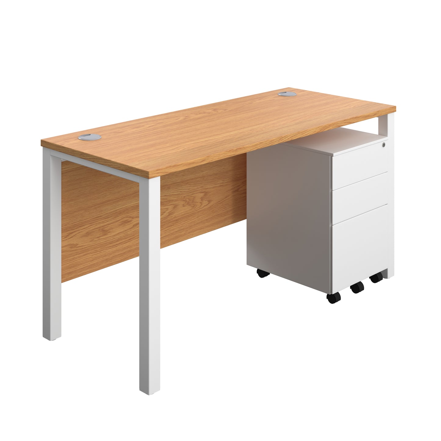 Aztec|Goal Post Leg|Rectangular Desk with 3 Drawer Steel Pedestal|1400x600|Nova Oak-White