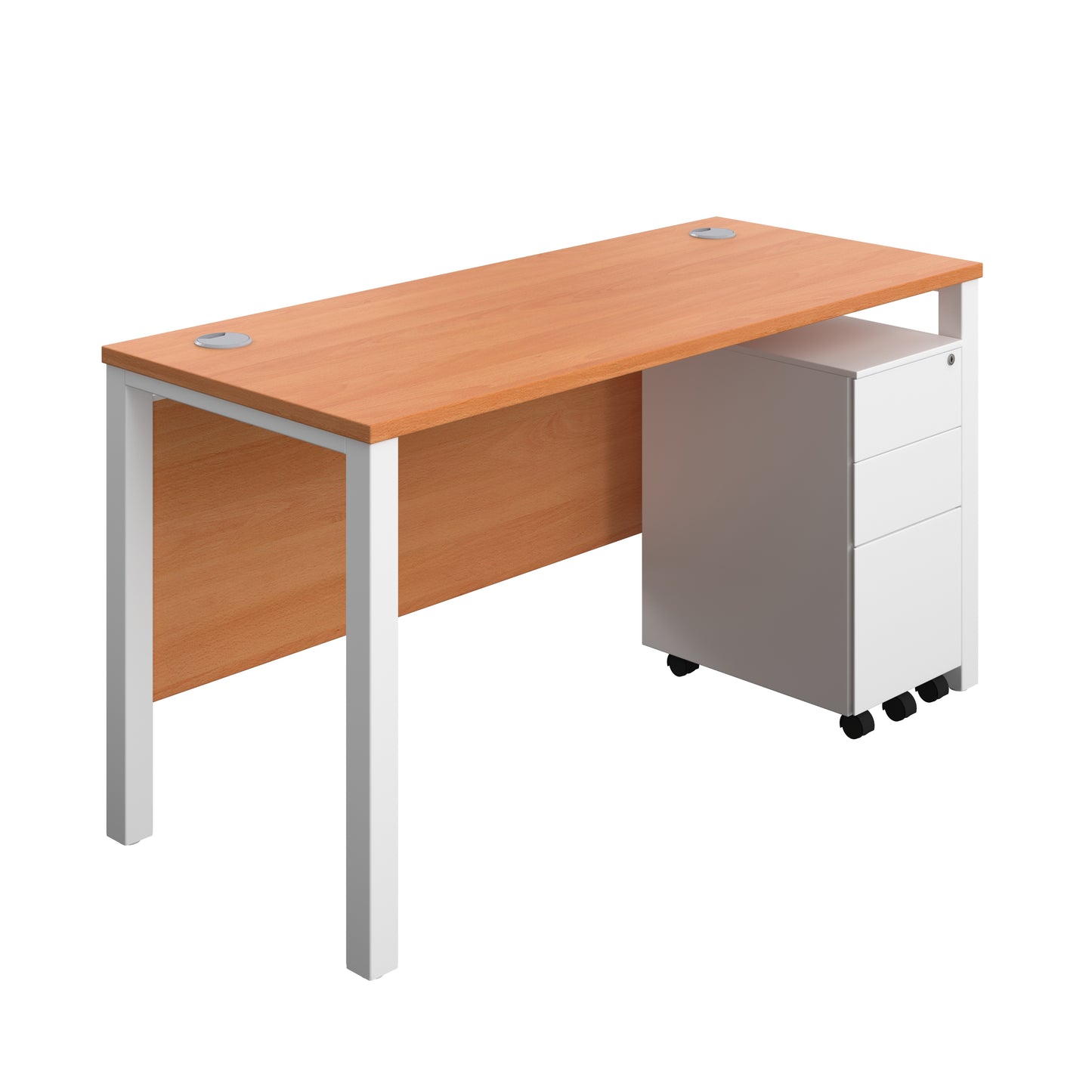 Aztec|Goal Post Leg|Rectangular Desk with 3 Drawer Slimline Steel Pedestal|1400x600|Beech-White