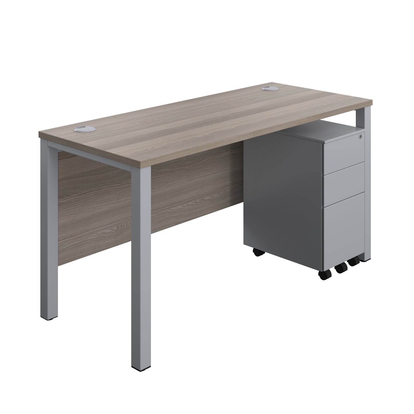 Aztec|Goal Post Leg|Rectangular Desk with 3 Drawer Slimline Steel Pedestal|1400x600|Grey Oak-Silver