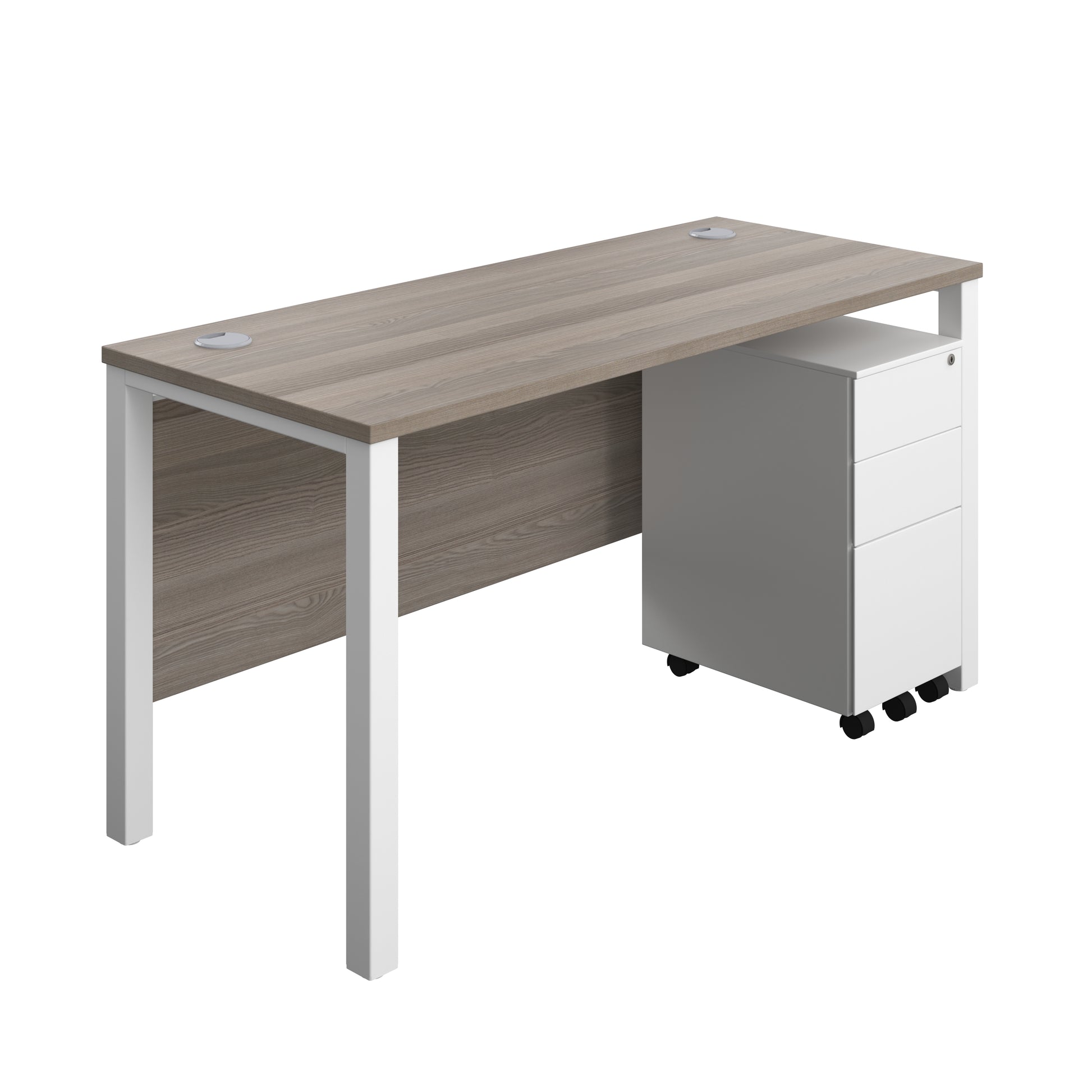 Aztec|Goal Post Leg|Rectangular Desk with 3 Drawer Slimline Steel Pedestal|1400x600|Grey Oak-White
