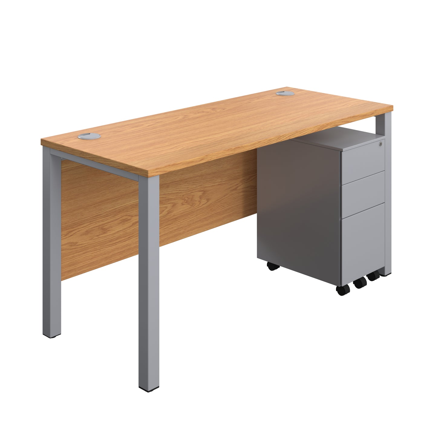 Aztec|Goal Post Leg|Rectangular Desk with 3 Drawer Slimline Steel Pedestal|1400x600|Nova Oak-Silver