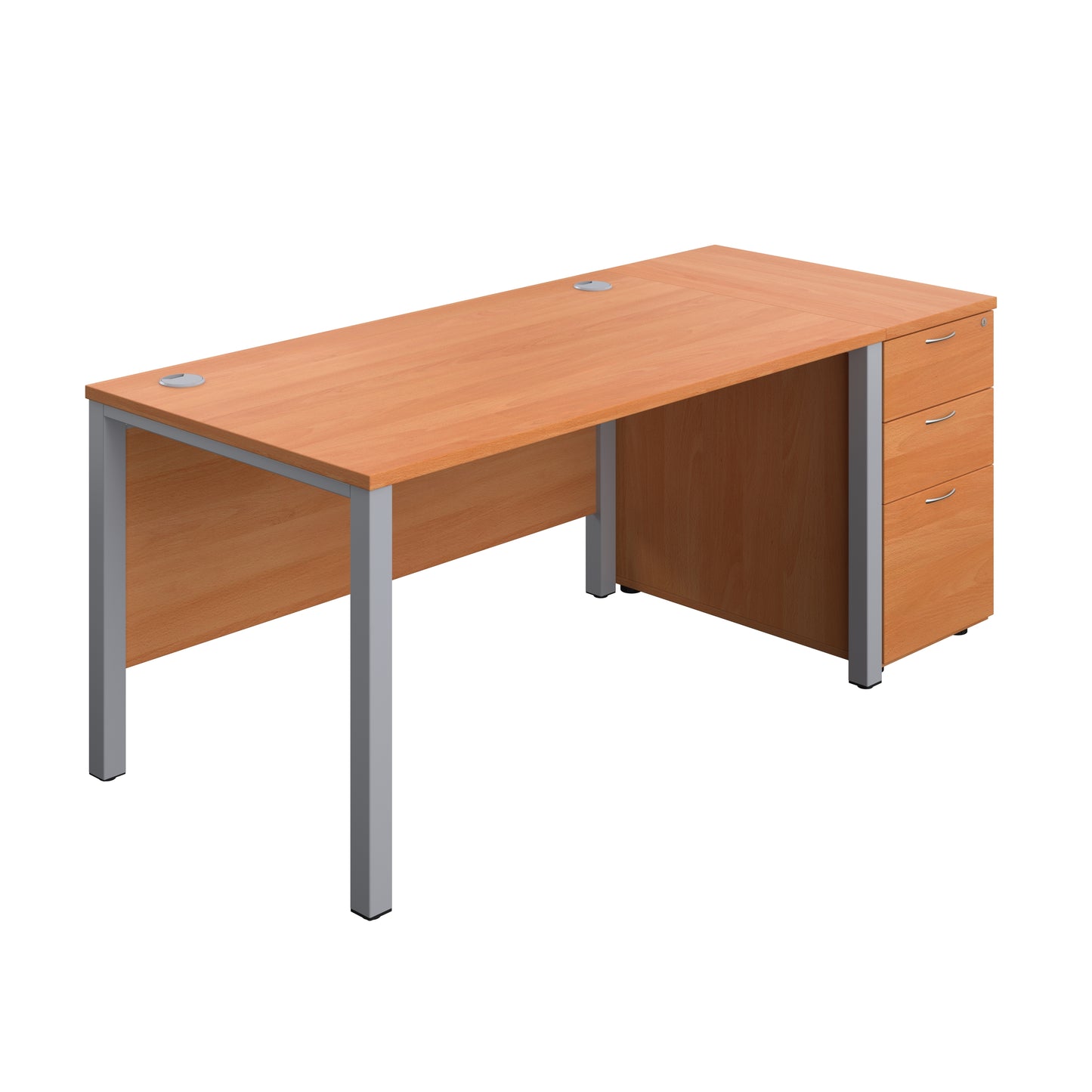 Aztec|Goal Post Leg|Rectangular Desk with 3 Drawer Desk High Pedestal|1400x800|Beech-Silver