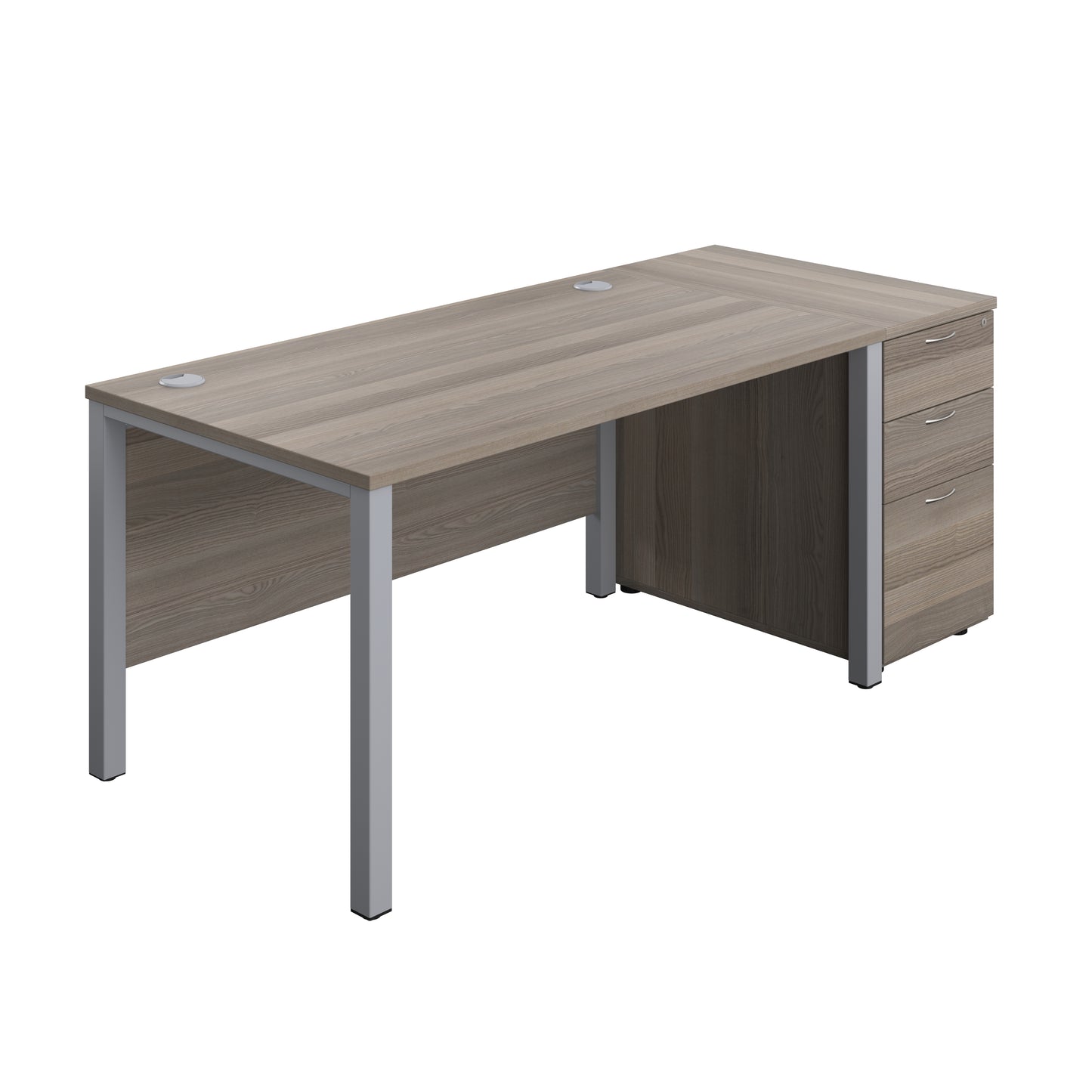 Aztec|Goal Post Leg|Rectangular Desk with 3 Drawer Desk High Pedestal|1400x800|Grey Oak-Silver