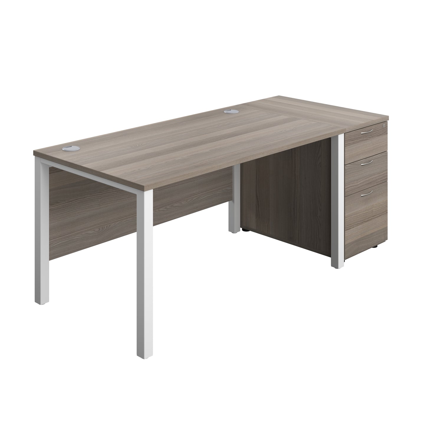 Aztec|Goal Post Leg|Rectangular Desk with 3 Drawer Desk High Pedestal|1400x800|Grey Oak-White