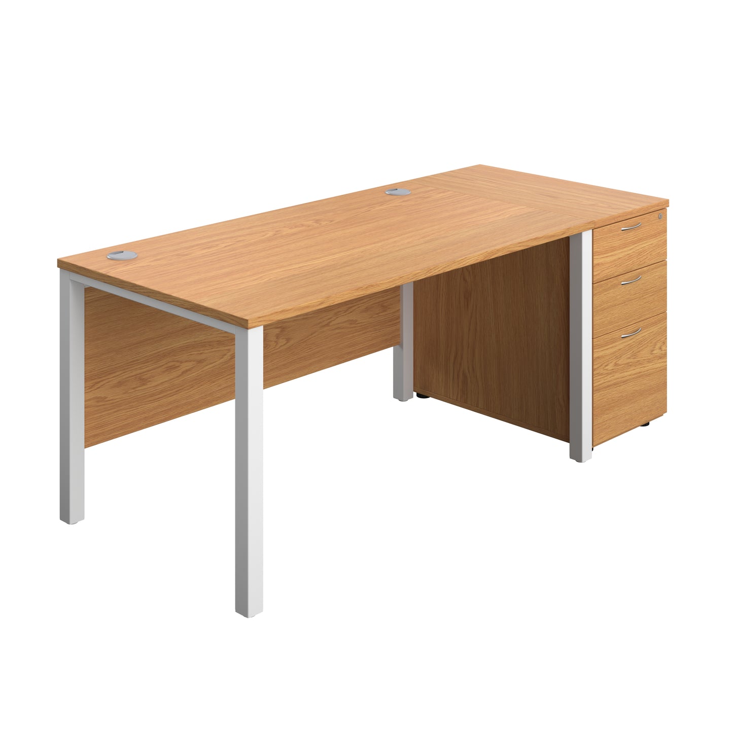 Aztec|Goal Post Leg|Rectangular Desk with 3 Drawer Desk High Pedestal|1400x800|Nova Oak-White