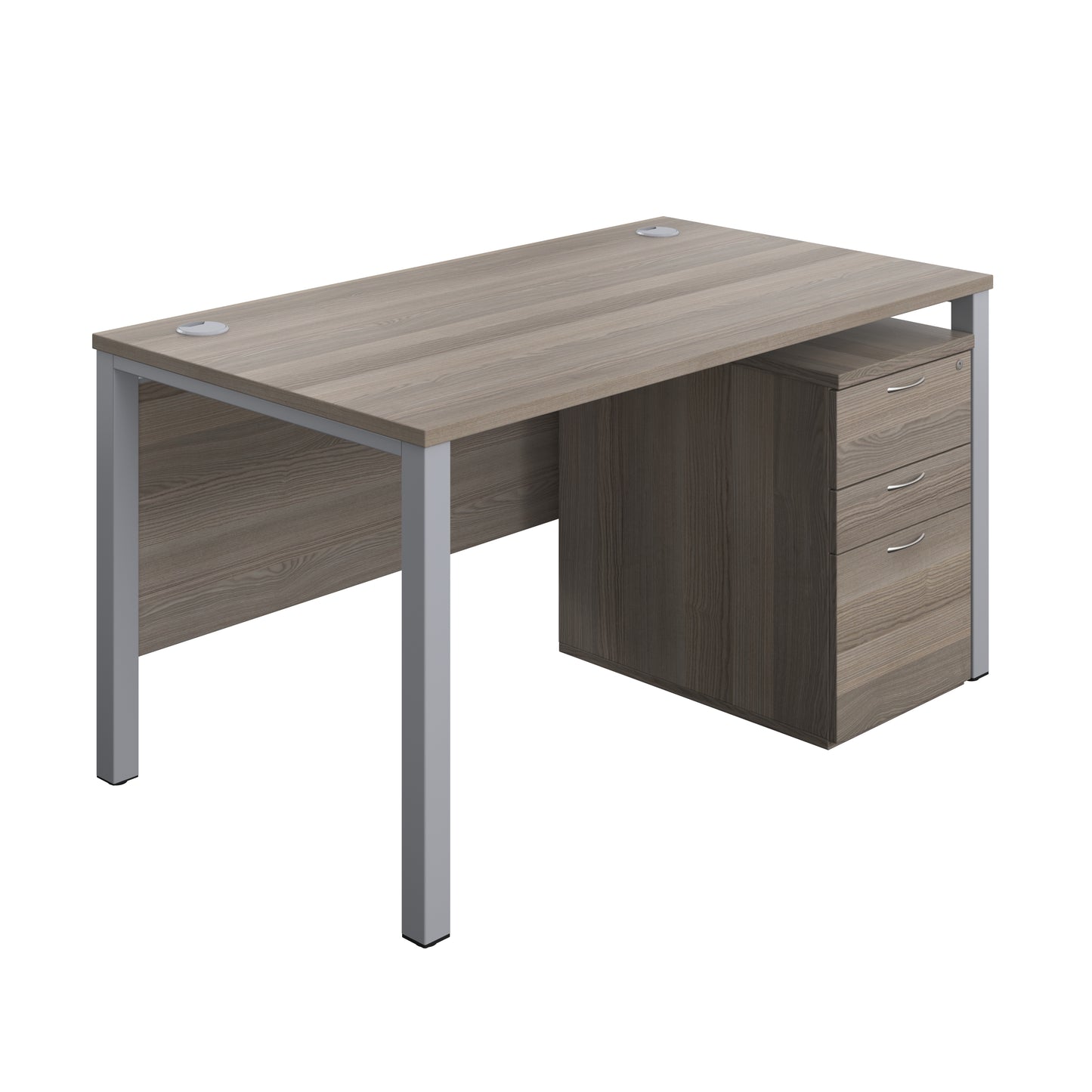 Aztec|Goal Post Leg|Rectangular Desk with 3 Drawer High Mobile Pedestal|1400x800|Grey Oak-Silver