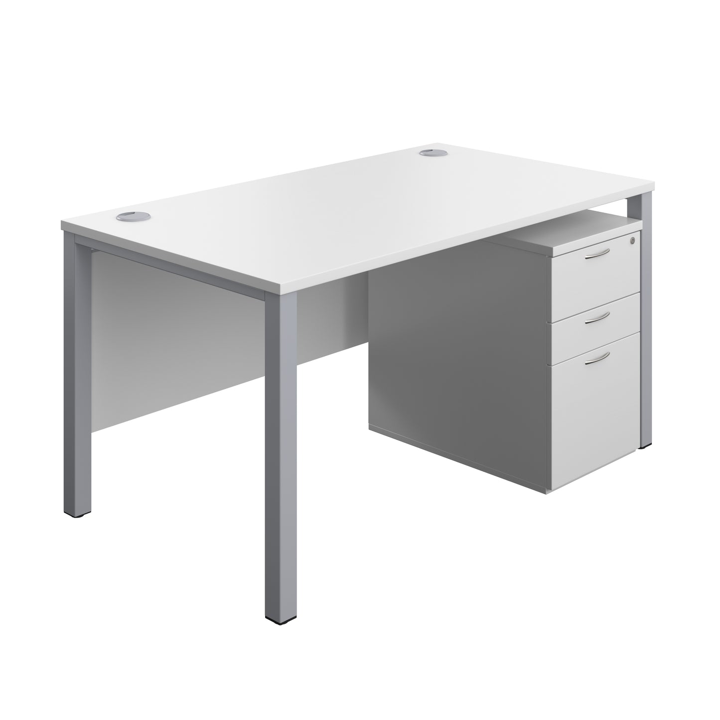 Aztec|Goal Post Leg|Rectangular Desk with 3 Drawer High Mobile Pedestal|1400x800|White-Silver