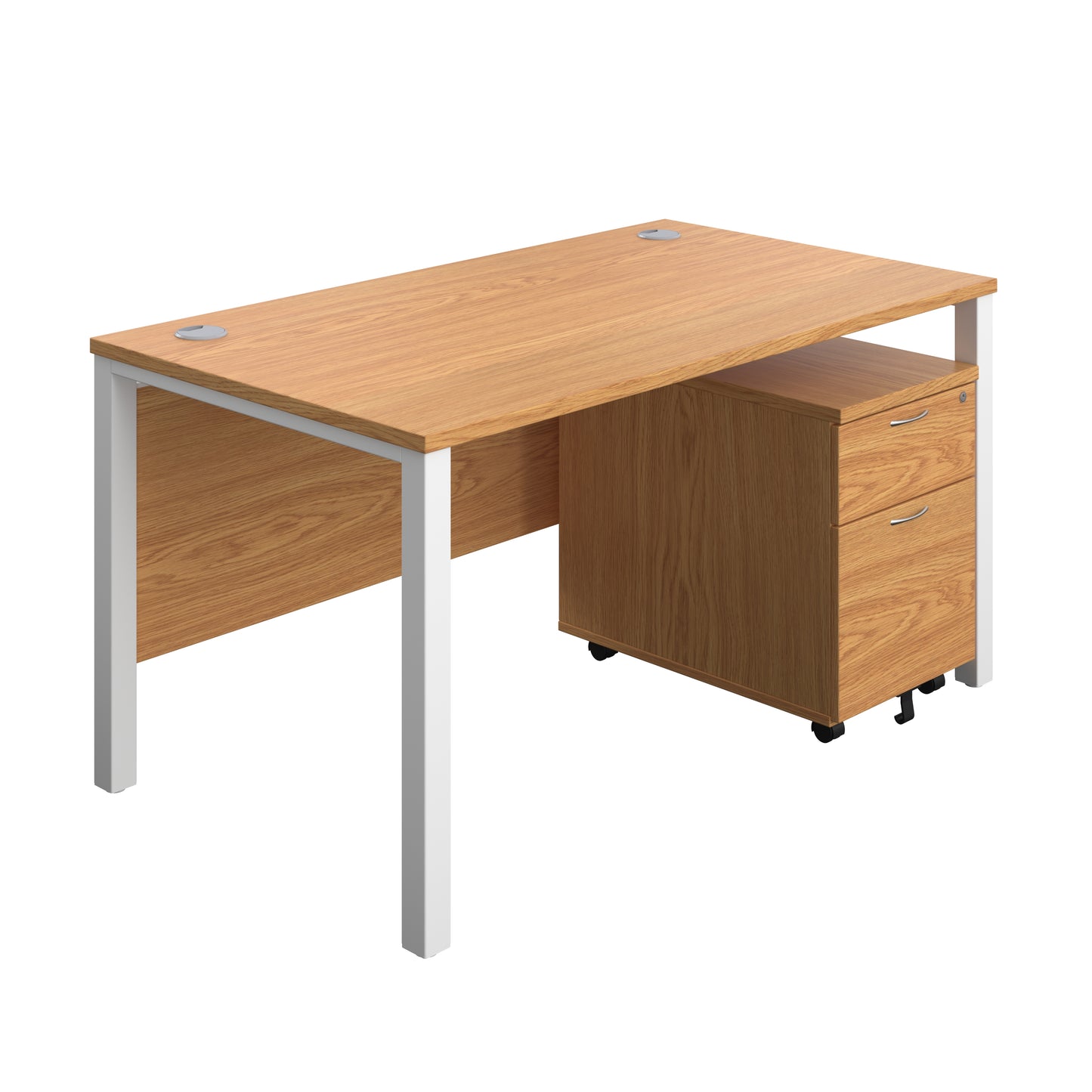 Aztec|Goal Post Leg|Rectangular Desk with 2 Drawer Mobile Pedestal|1400x800|Nova Oak-White
