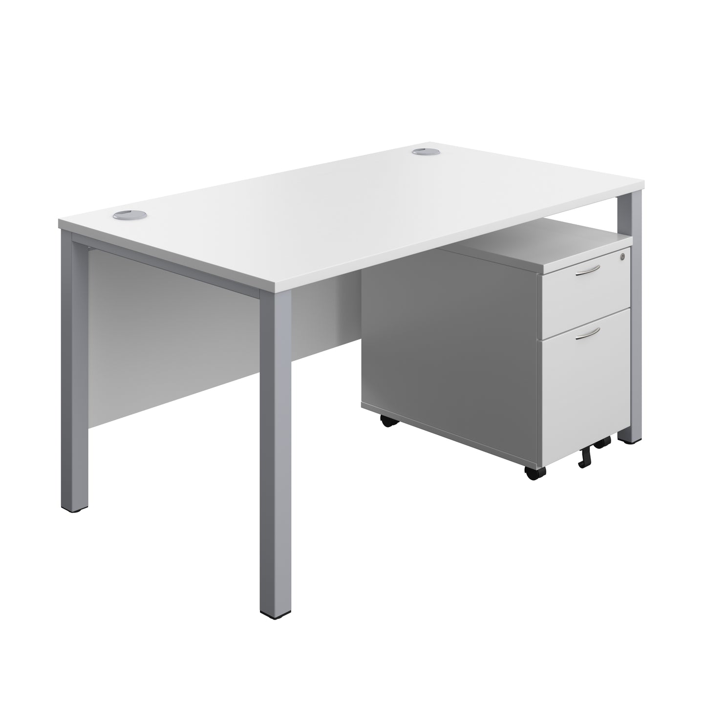 Aztec|Goal Post Leg|Rectangular Desk with 2 Drawer Mobile Pedestal|1400x800|White-Silver