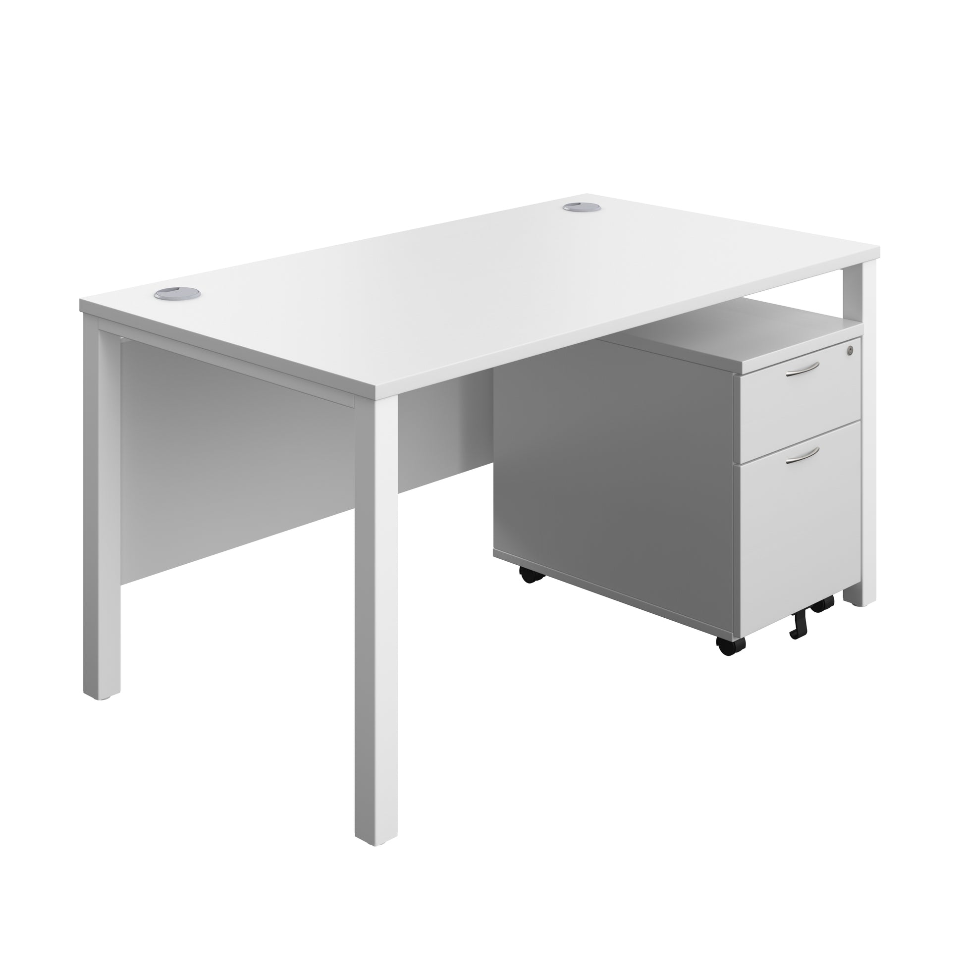 Aztec|Goal Post Leg|Rectangular Desk with 2 Drawer Mobile Pedestal|1400x800|White-White