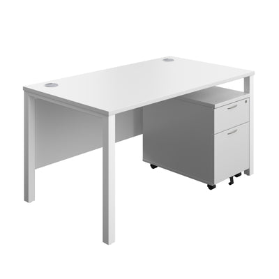 Aztec|Goal Post Leg|Rectangular Desk with 2 Drawer Mobile Pedestal|1400x800|White-White