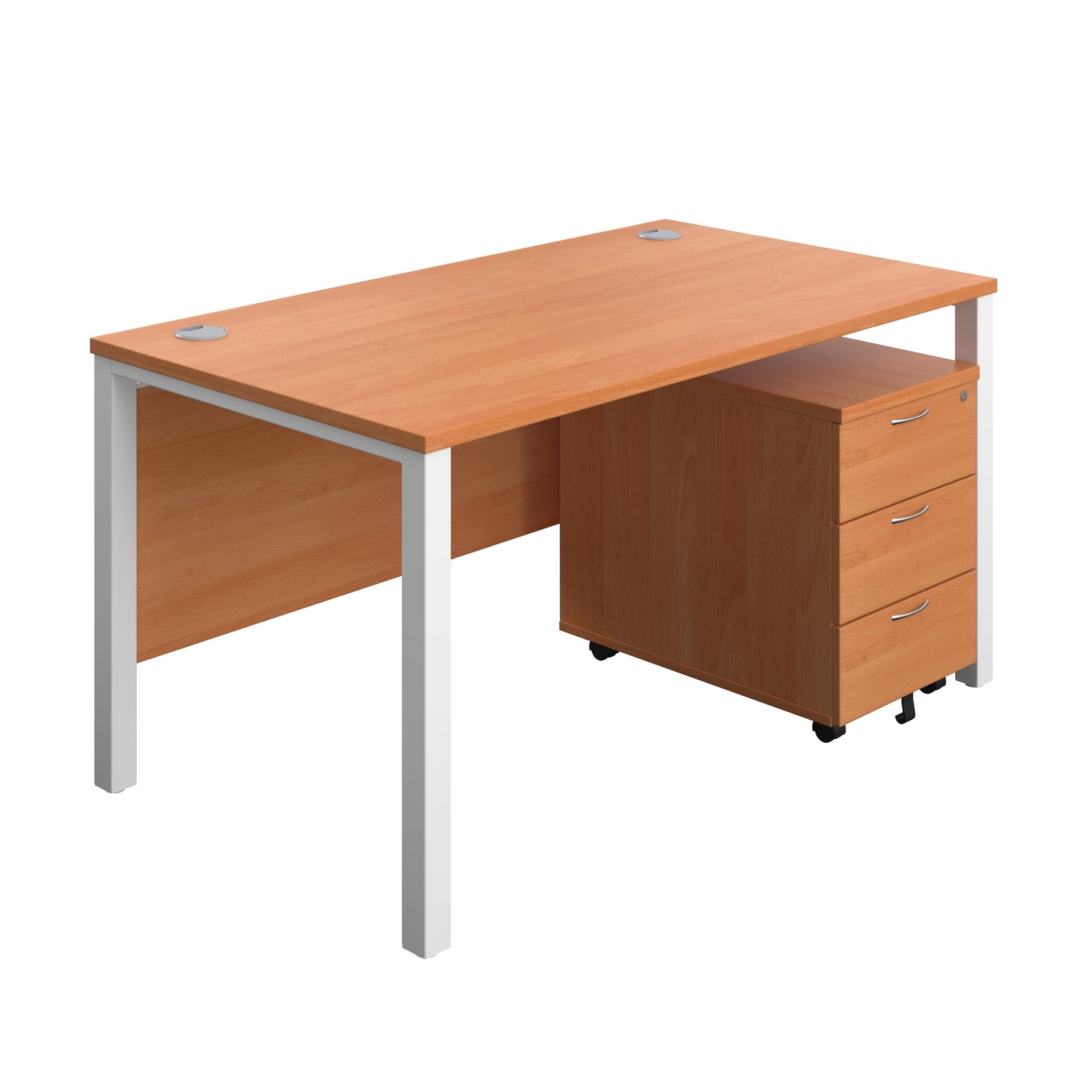 Aztec|Goal Post Leg|Rectangular Desk with 3 Drawer Mobile Pedestal|1400x800|Beech-White