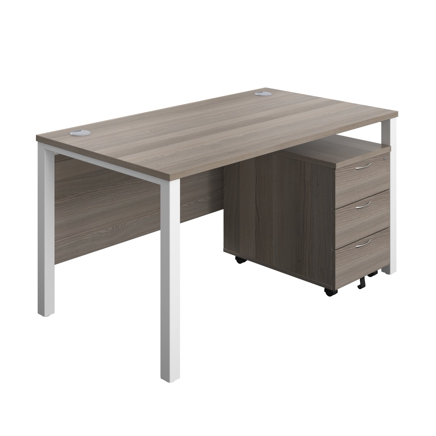 Aztec|Goal Post Leg|Rectangular Desk with 3 Drawer Mobile Pedestal|1400x800|Grey Oak-White