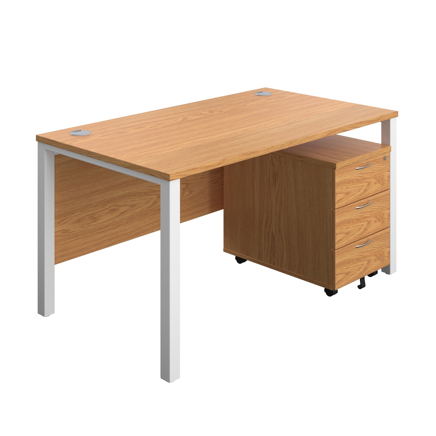 Aztec|Goal Post Leg|Rectangular Desk with 3 Drawer Mobile Pedestal|1400x800|Nova Oak-White