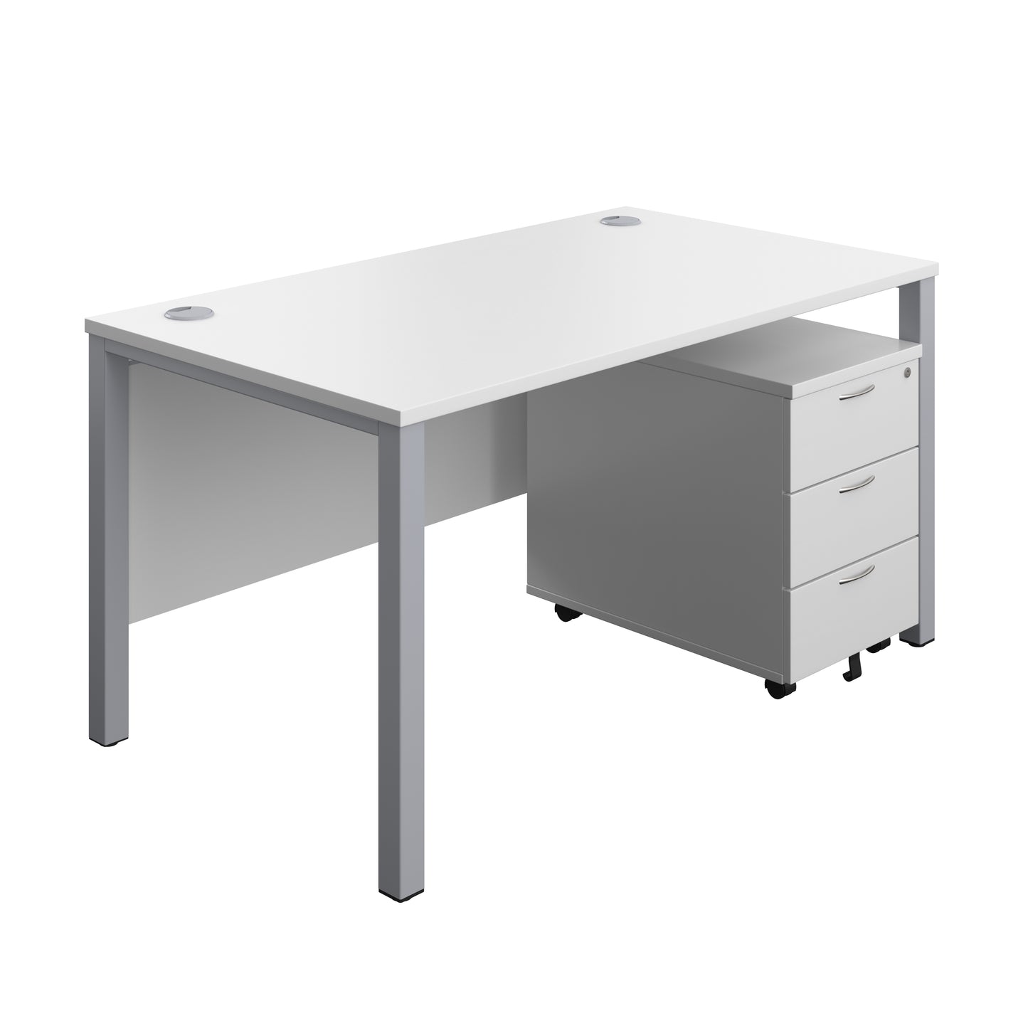 Aztec|Goal Post Leg|Rectangular Desk with 3 Drawer Mobile Pedestal|1400x800|White-Silver