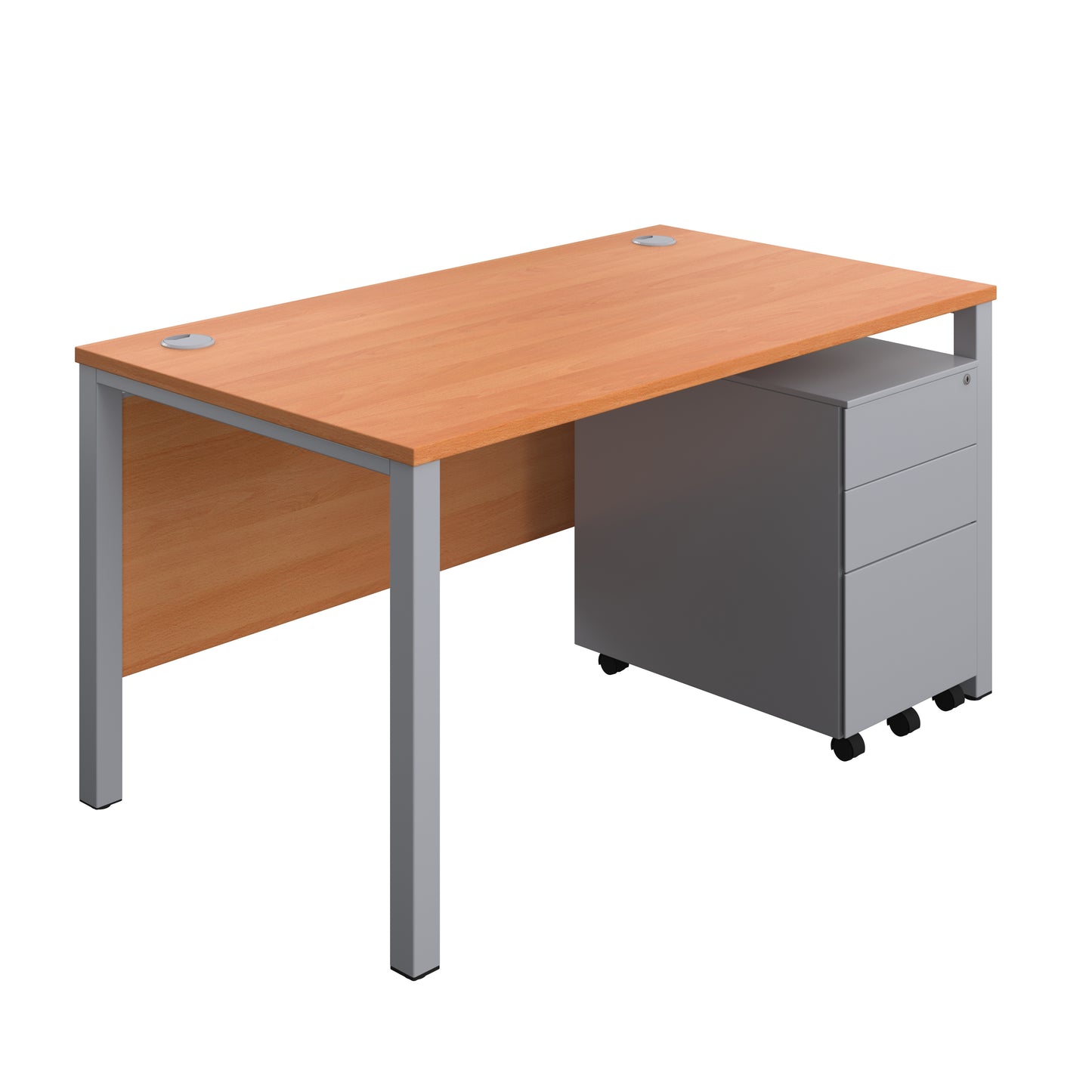 Aztec|Goal Post Leg|Rectangular Desk with 3 Drawer Steel Pedestal|1400x800|Beech-Silver