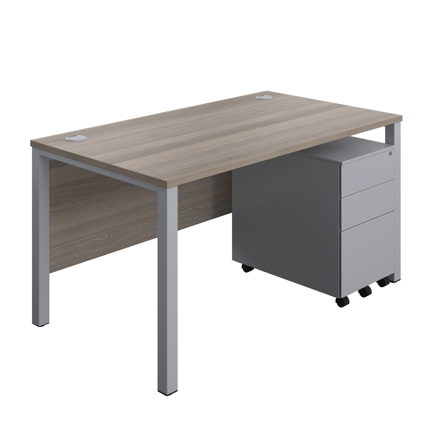 Aztec|Goal Post Leg|Rectangular Desk with 3 Drawer Steel Pedestal|1400x800|Grey Oak-Silver