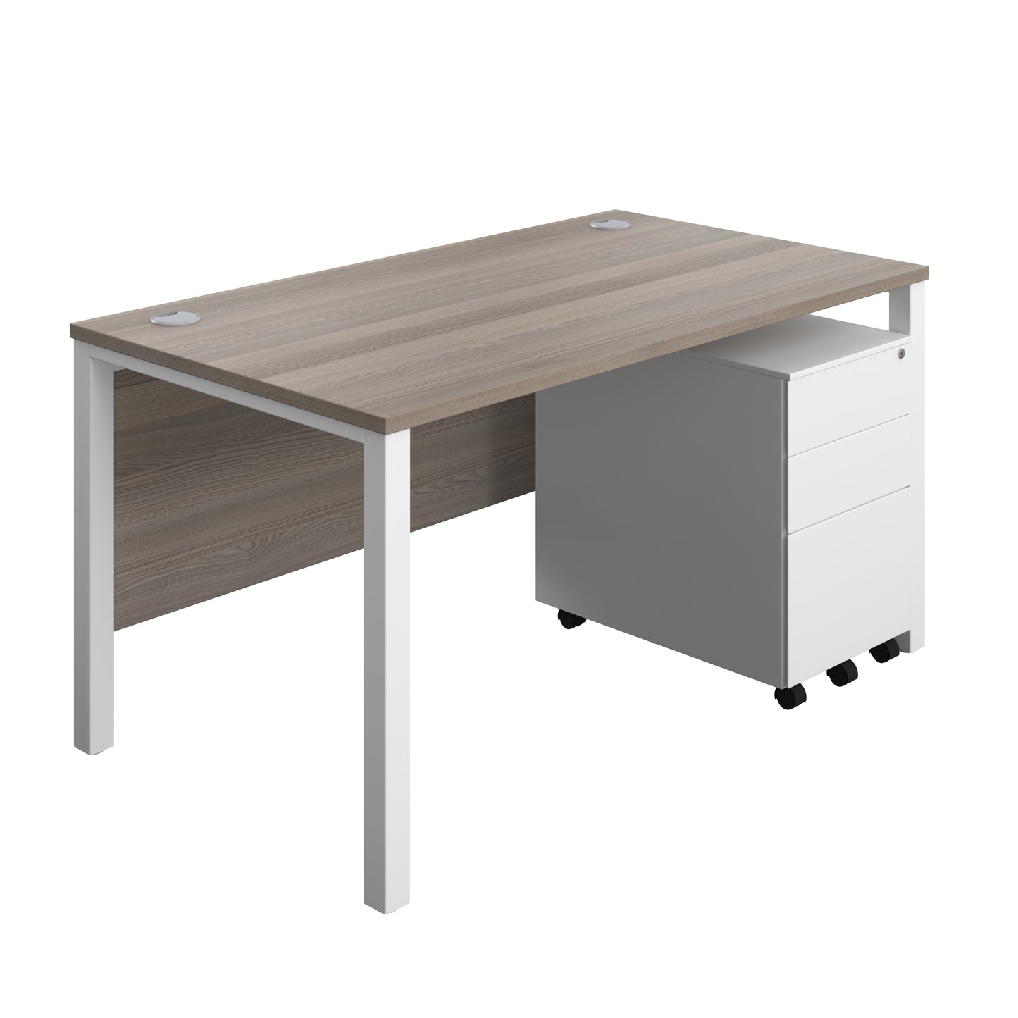 Aztec|Goal Post Leg|Rectangular Desk with 3 Drawer Steel Pedestal|1400x800|Grey Oak-White