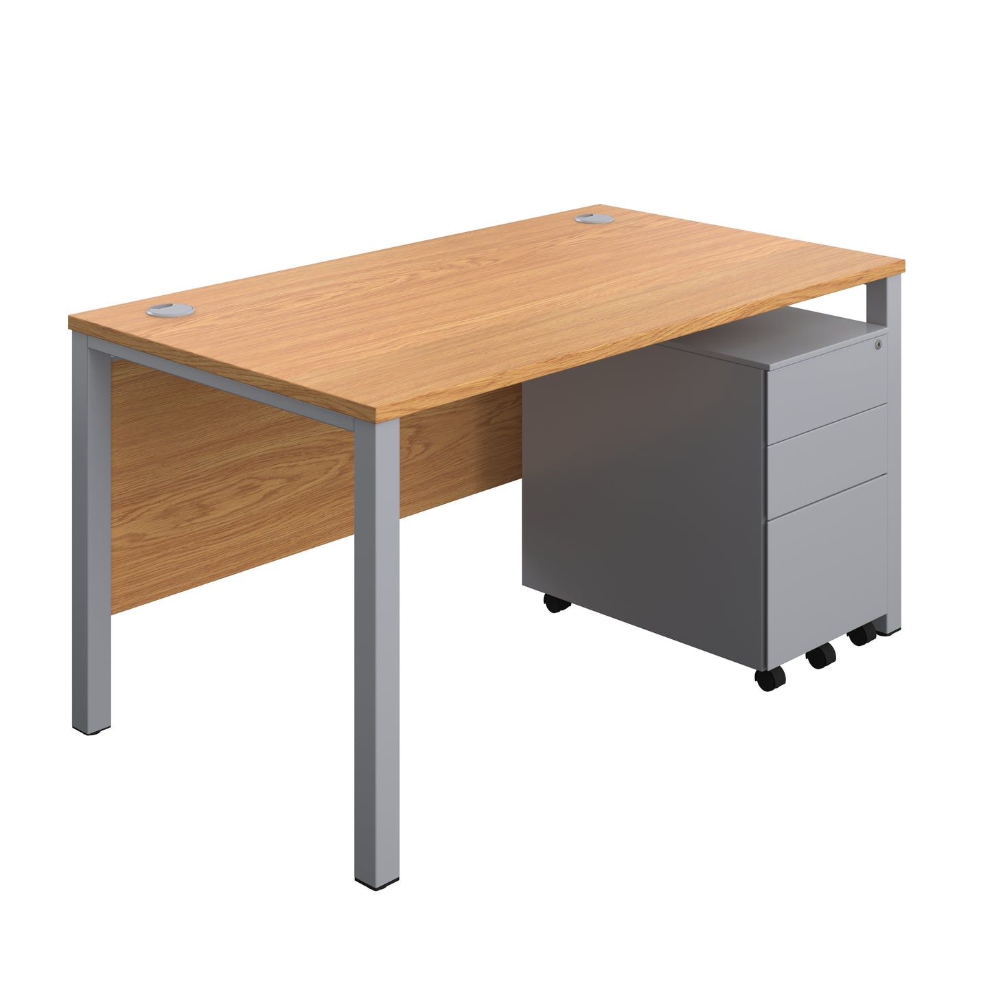 Aztec|Goal Post Leg|Rectangular Desk with 3 Drawer Steel Pedestal|1400x800|Nova Oak-Silver