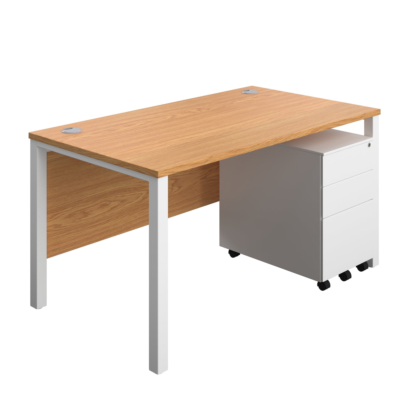 Aztec|Goal Post Leg|Rectangular Desk with 3 Drawer Steel Pedestal|1400x800|Nova Oak-White