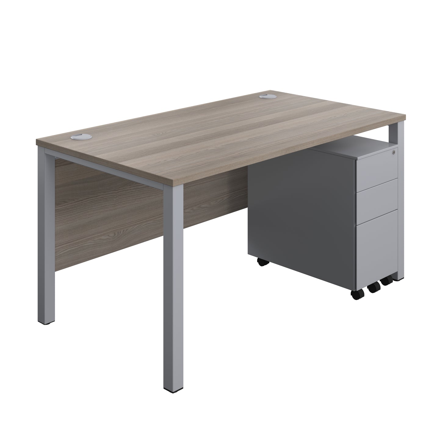 Aztec|Goal Post Leg|Rectangular Desk with 3 Drawer Slimline Steel Pedestal|1400x800|Grey Oak-Silver