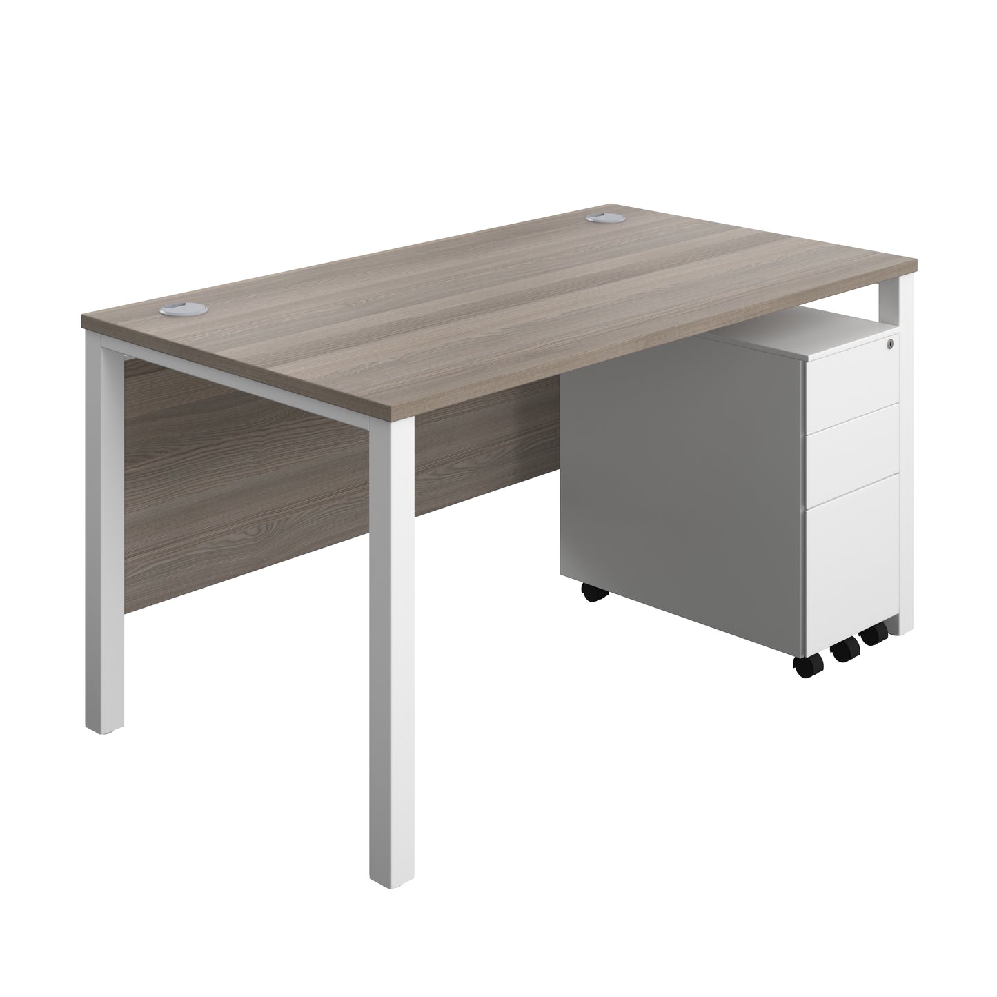 Aztec|Goal Post Leg|Rectangular Desk with 3 Drawer Slimline Steel Pedestal|1400x800|Grey Oak-White