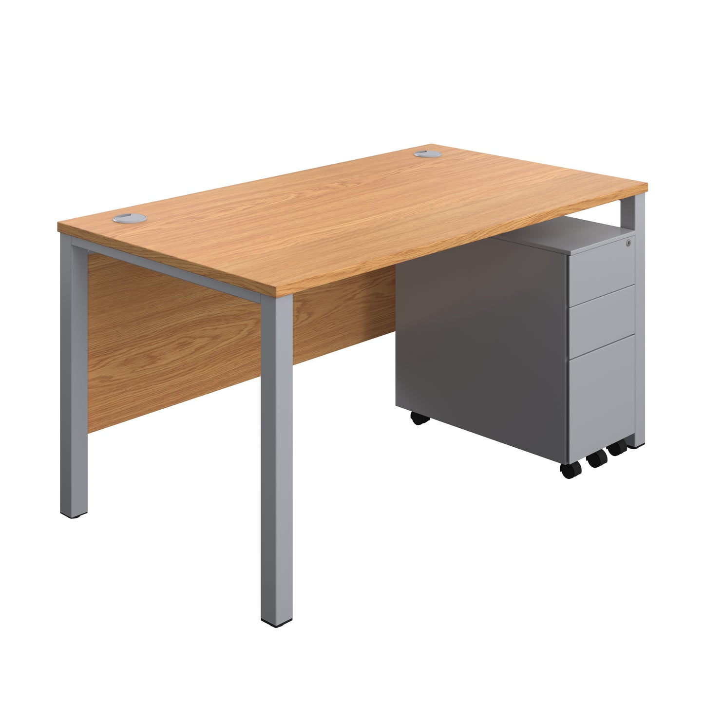 Aztec|Goal Post Leg|Rectangular Desk with 3 Drawer Slimline Steel Pedestal|1400x800|Nova Oak-Silver