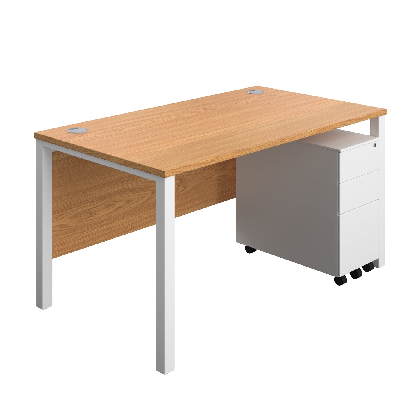 Aztec|Goal Post Leg|Rectangular Desk with 3 Drawer Slimline Steel Pedestal|1400x800|Nova Oak-White