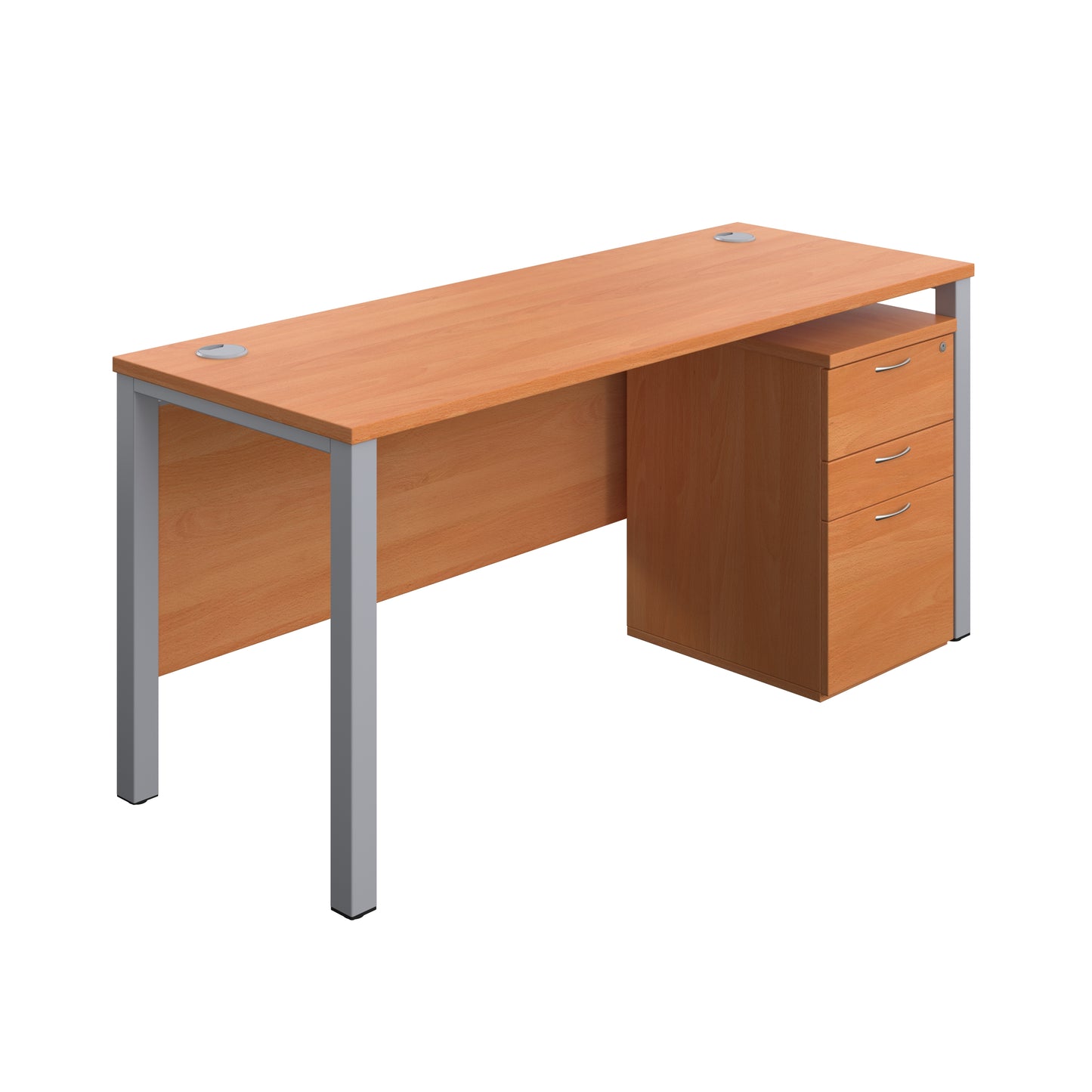 Aztec|Goal Post Leg|Rectangular Desk with 3 Drawer High Mobile Pedestal|1600x600|Beech-Silver