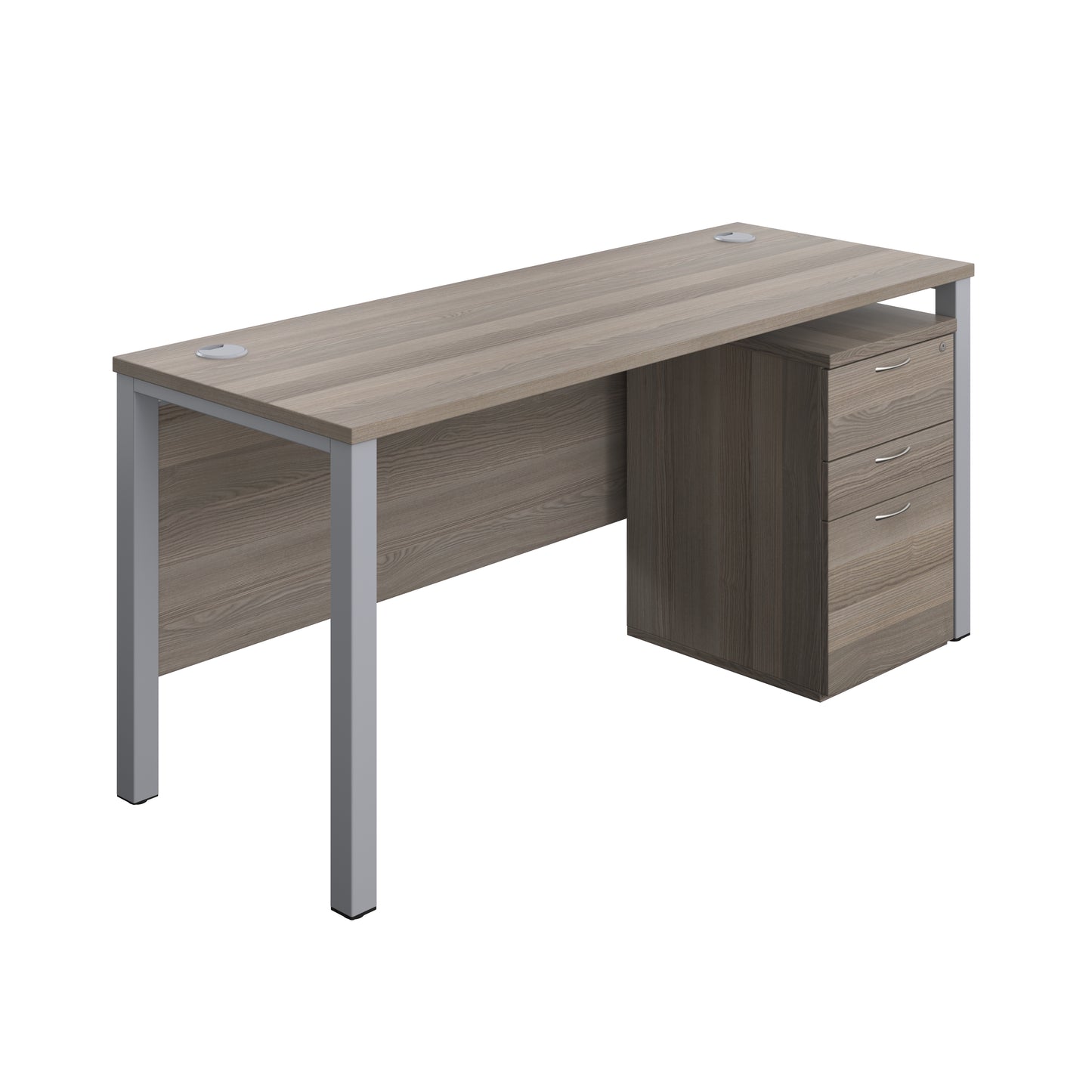 Aztec|Goal Post Leg|Rectangular Desk with 3 Drawer High Mobile Pedestal|1600x600|Grey Oak-Silver