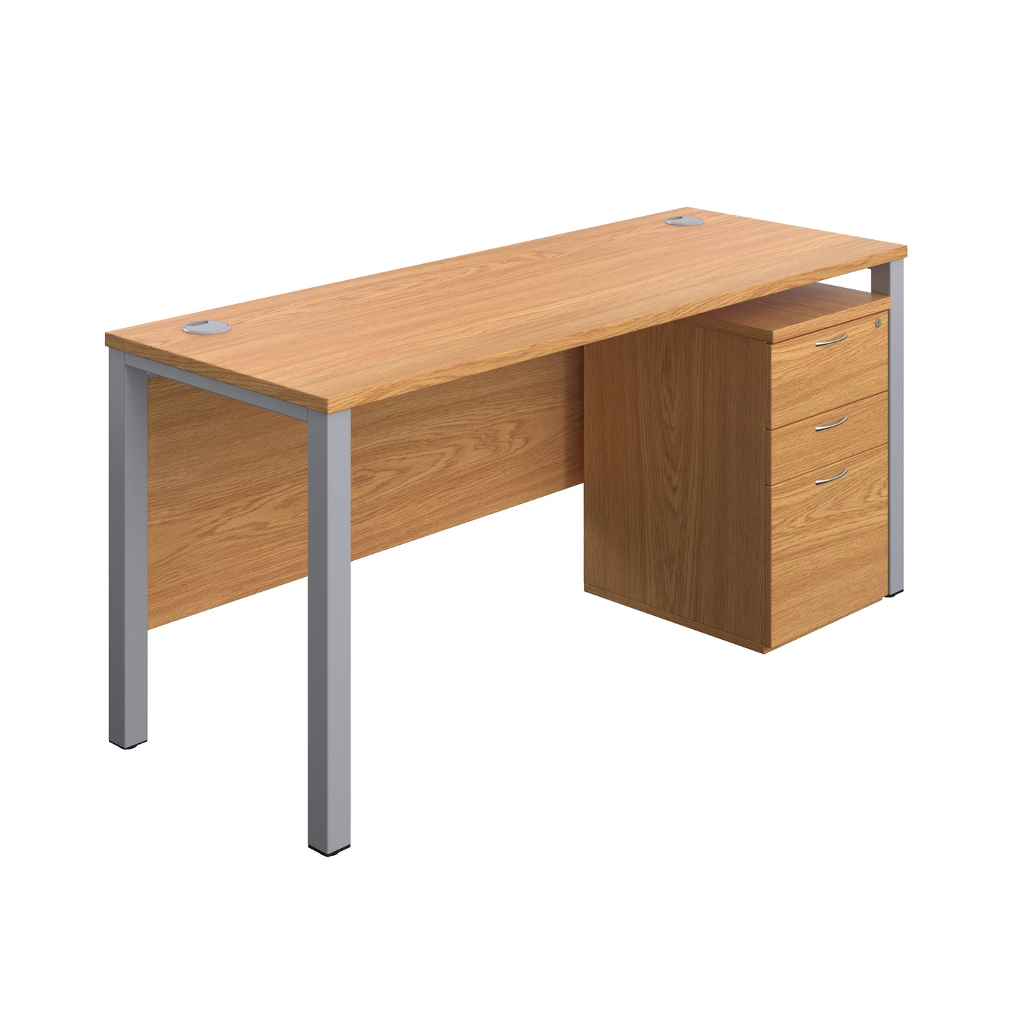 Aztec|Goal Post Leg|Rectangular Desk with 3 Drawer High Mobile Pedestal|1600x600|Nova Oak-Silver