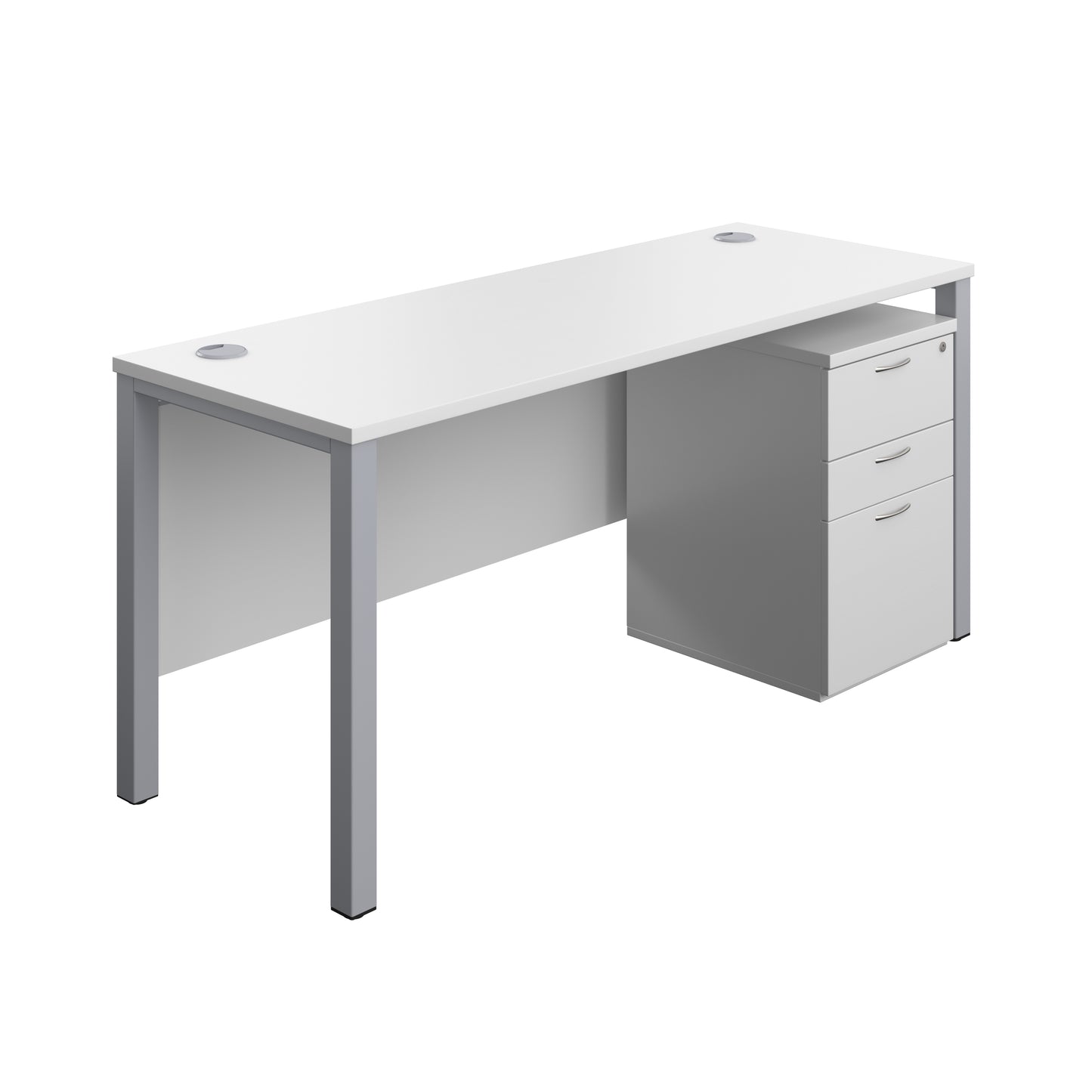 Aztec|Goal Post Leg|Rectangular Desk with 3 Drawer High Mobile Pedestal|1600x600|White-Silver