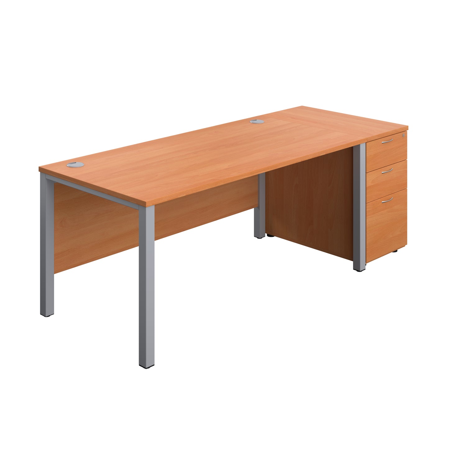 Aztec|Goal Post Leg|Rectangular Desk with 3 Drawer Desk High Pedestal|1600x800|Beech-Silver