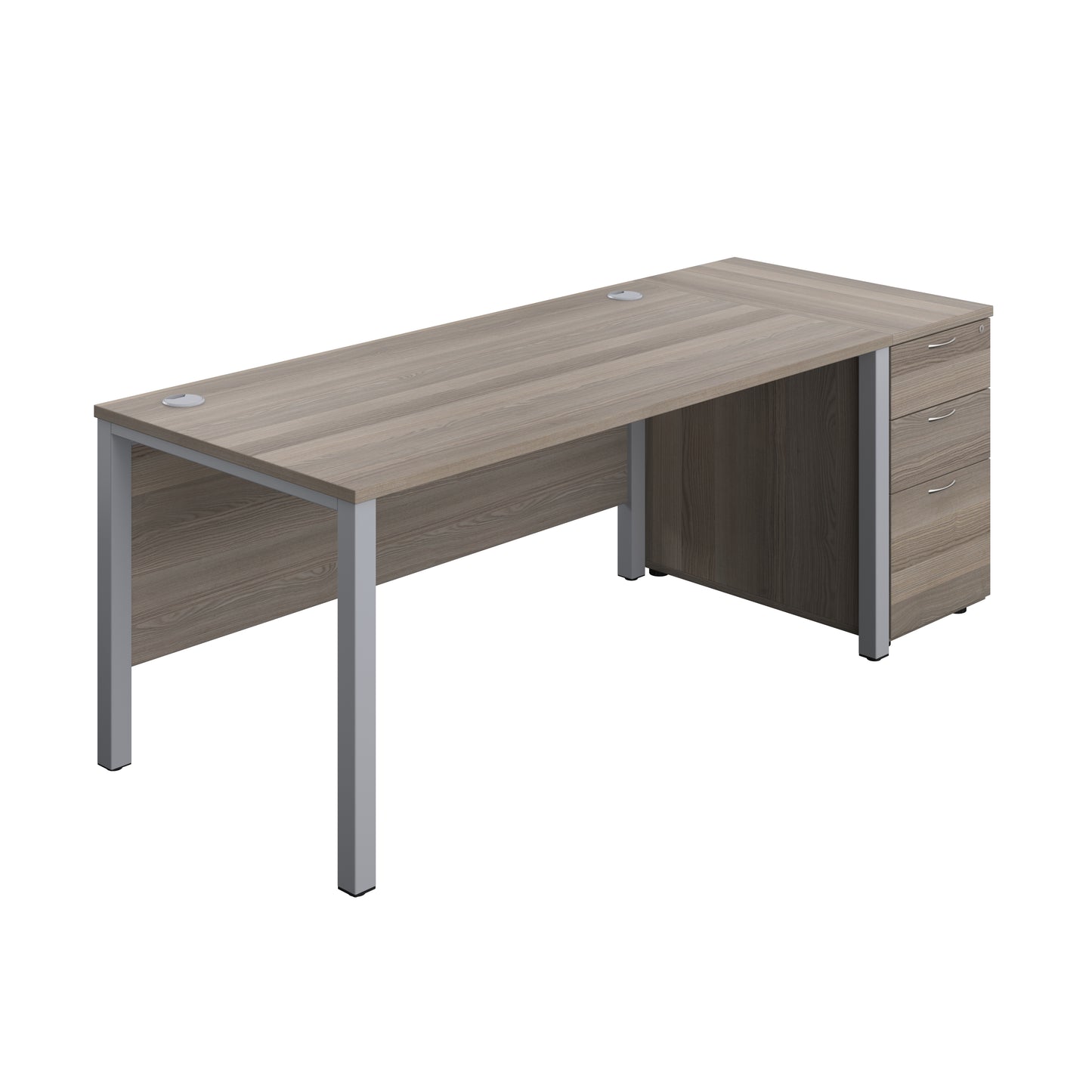 Aztec|Goal Post Leg|Rectangular Desk with 3 Drawer Desk High Pedestal|1600x800|Grey Oak-Silver