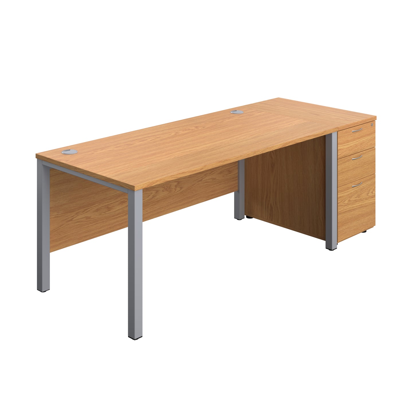 Aztec|Goal Post Leg|Rectangular Desk with 3 Drawer Desk High Pedestal|1600x800|Nova Oak-Silver
