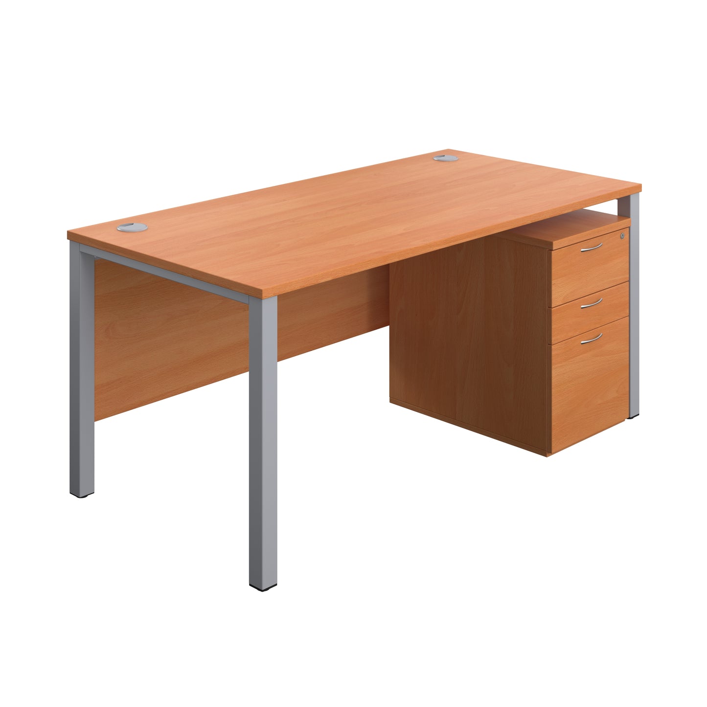 Aztec|Goal Post Leg|Rectangular Desk with 3 Drawer High Mobile Pedestal|1600x800|Beech-Silver
