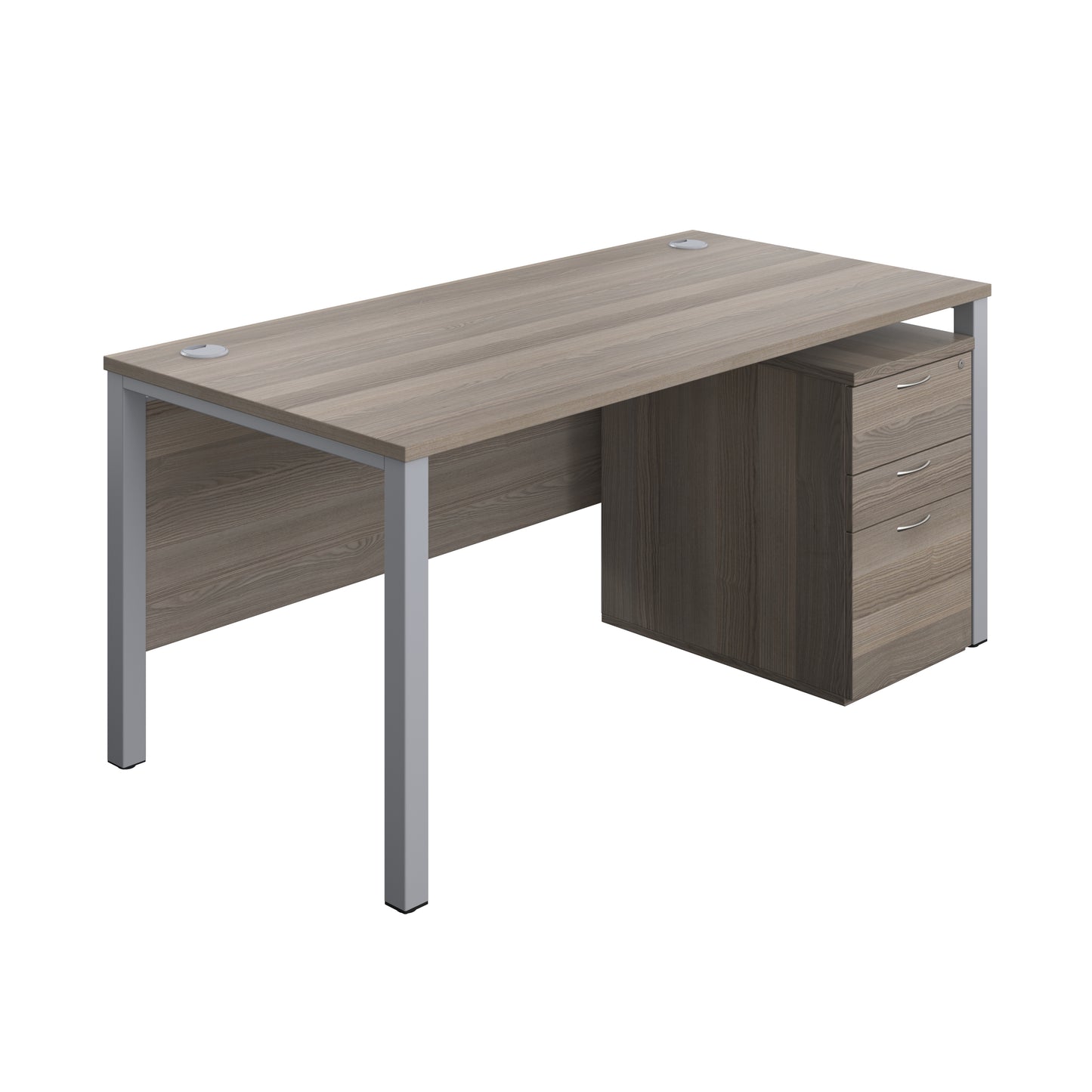 Aztec|Goal Post Leg|Rectangular Desk with 3 Drawer High Mobile Pedestal|1600x800|Grey Oak-Silver