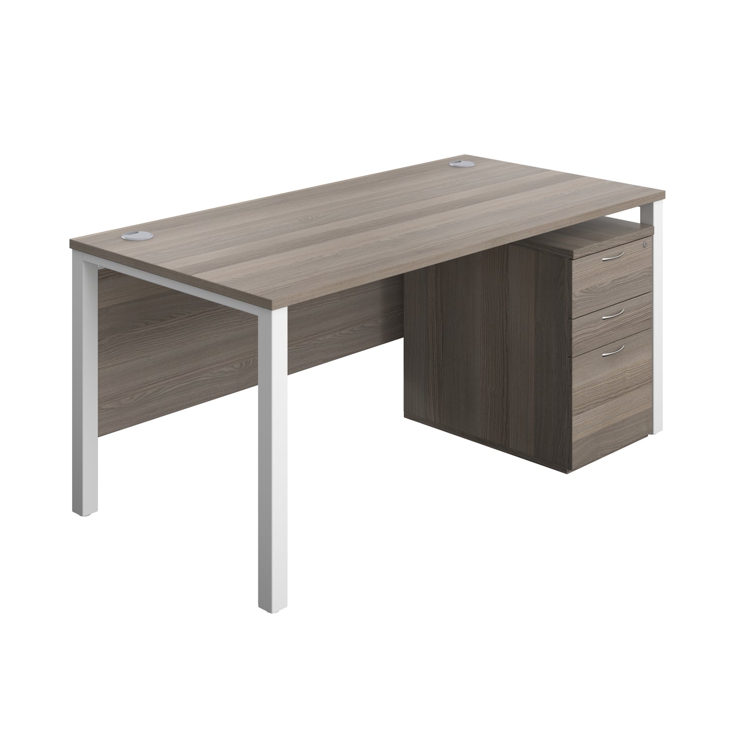 Aztec|Goal Post Leg|Rectangular Desk with 3 Drawer High Mobile Pedestal|1600x800|Grey Oak-White