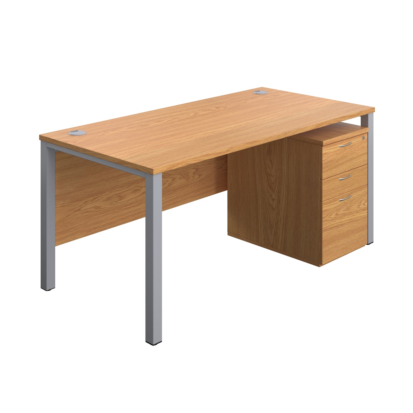 Aztec|Goal Post Leg|Rectangular Desk with 3 Drawer High Mobile Pedestal|1600x800|Nova Oak-Silver