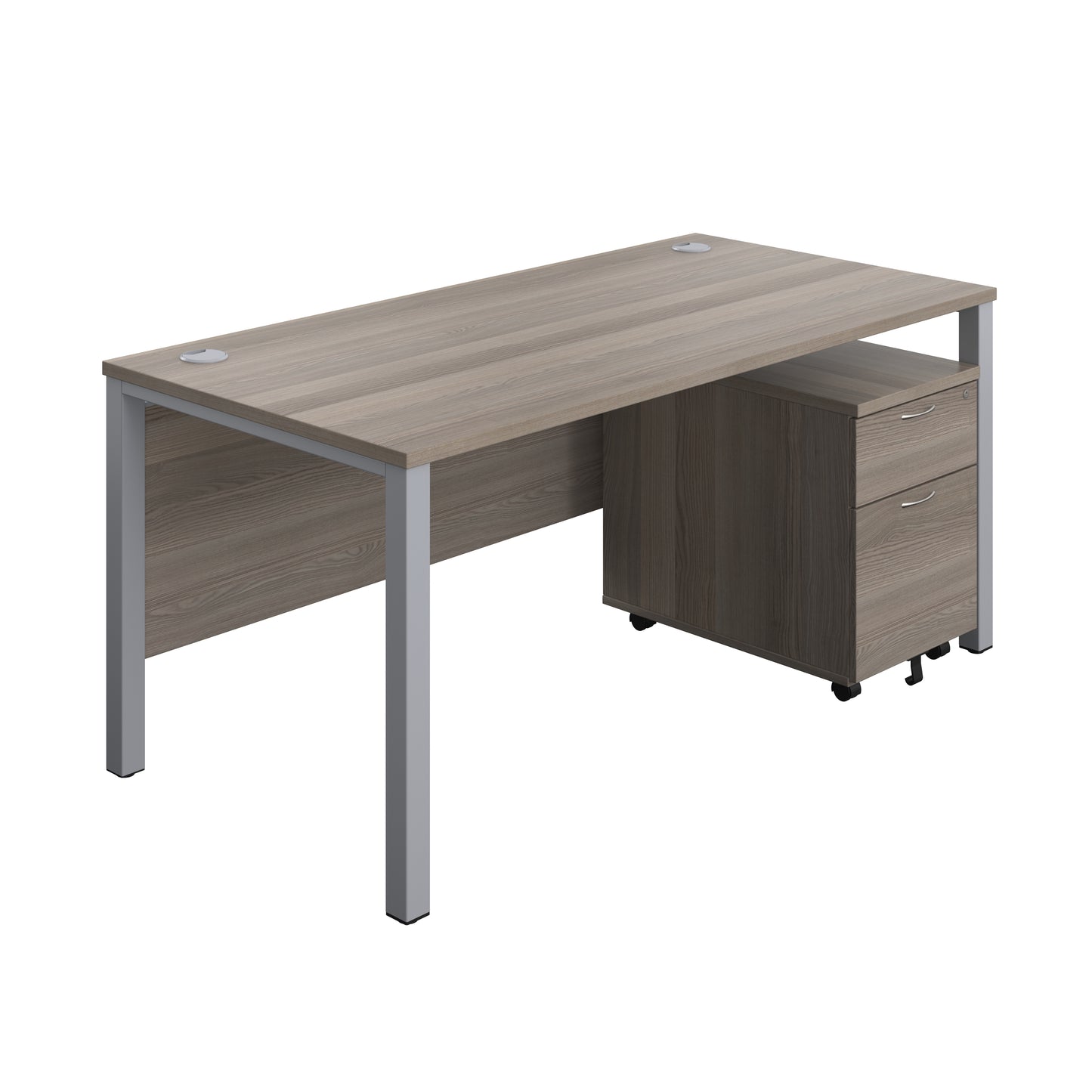 Aztec|Goal Post Leg|Rectangular Desk with 2 Drawer Mobile Pedestal|1600x800|Grey Oak-Silver
