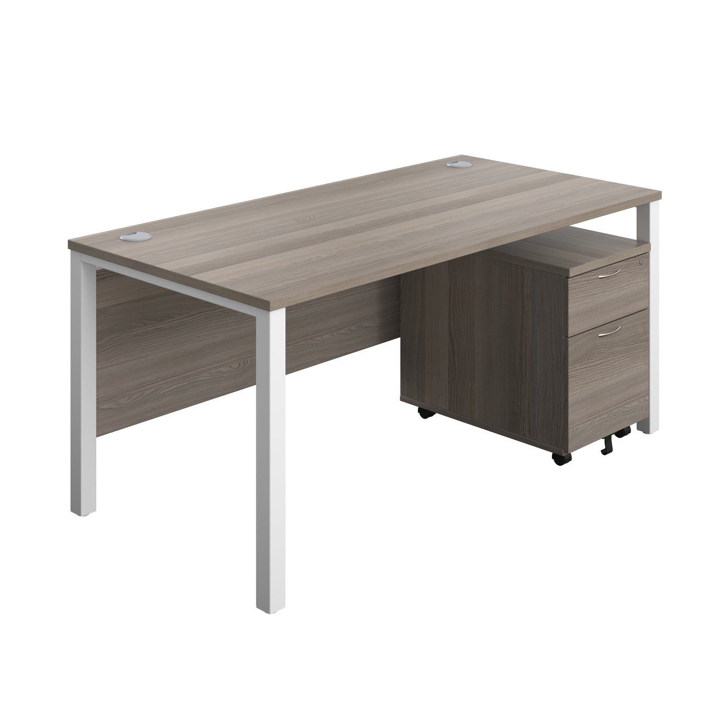 Aztec|Goal Post Leg|Rectangular Desk with 2 Drawer Mobile Pedestal|1600x800|Grey Oak-White