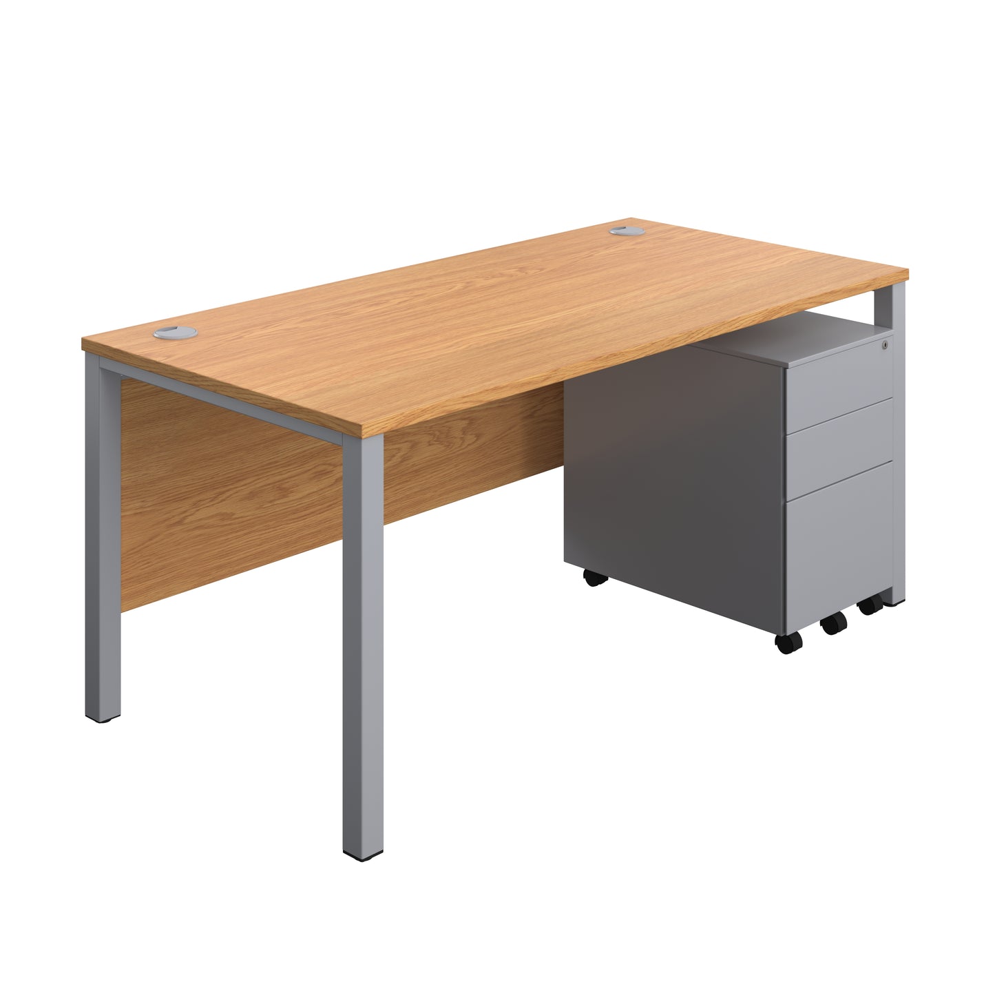 Aztec|Goal Post Leg|Rectangular Desk with 3 Drawer Steel Pedestal|1600x800|Nova Oak-Silver