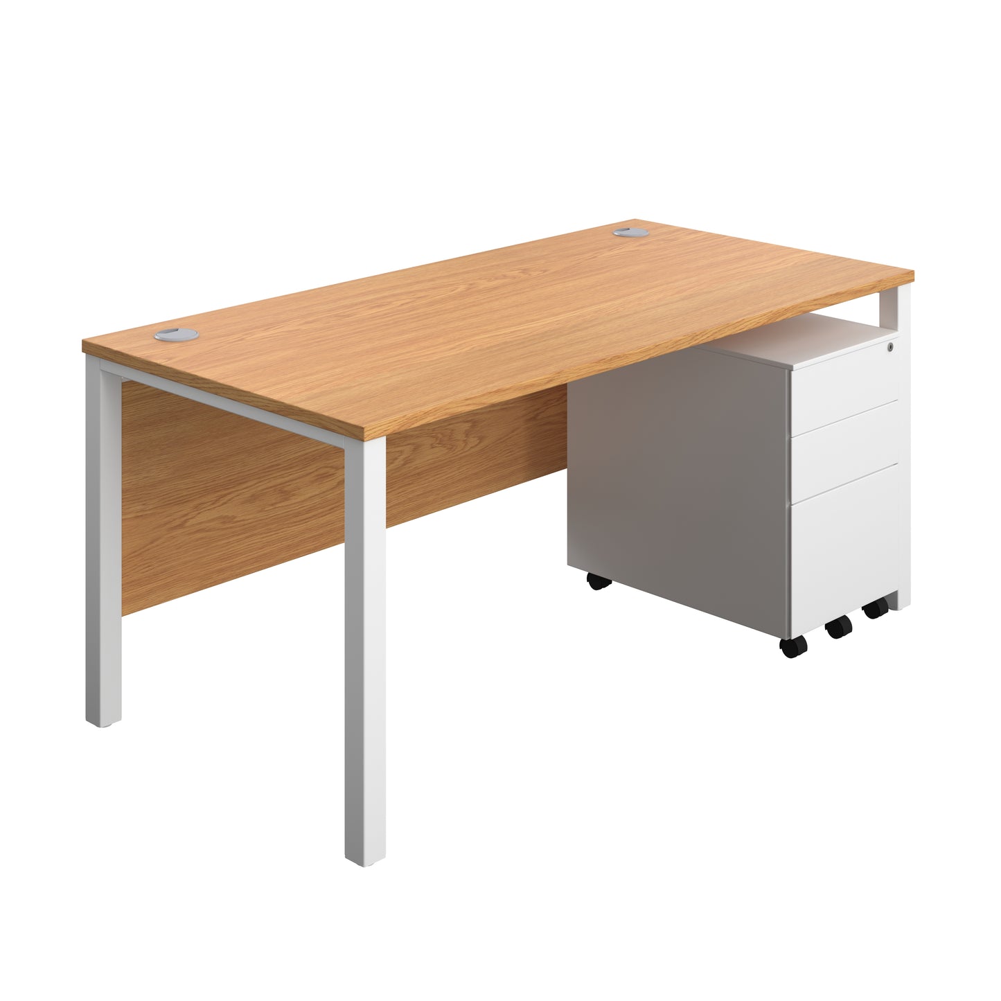 Aztec|Goal Post Leg|Rectangular Desk with 3 Drawer Steel Pedestal|1600x800|Nova Oak-White