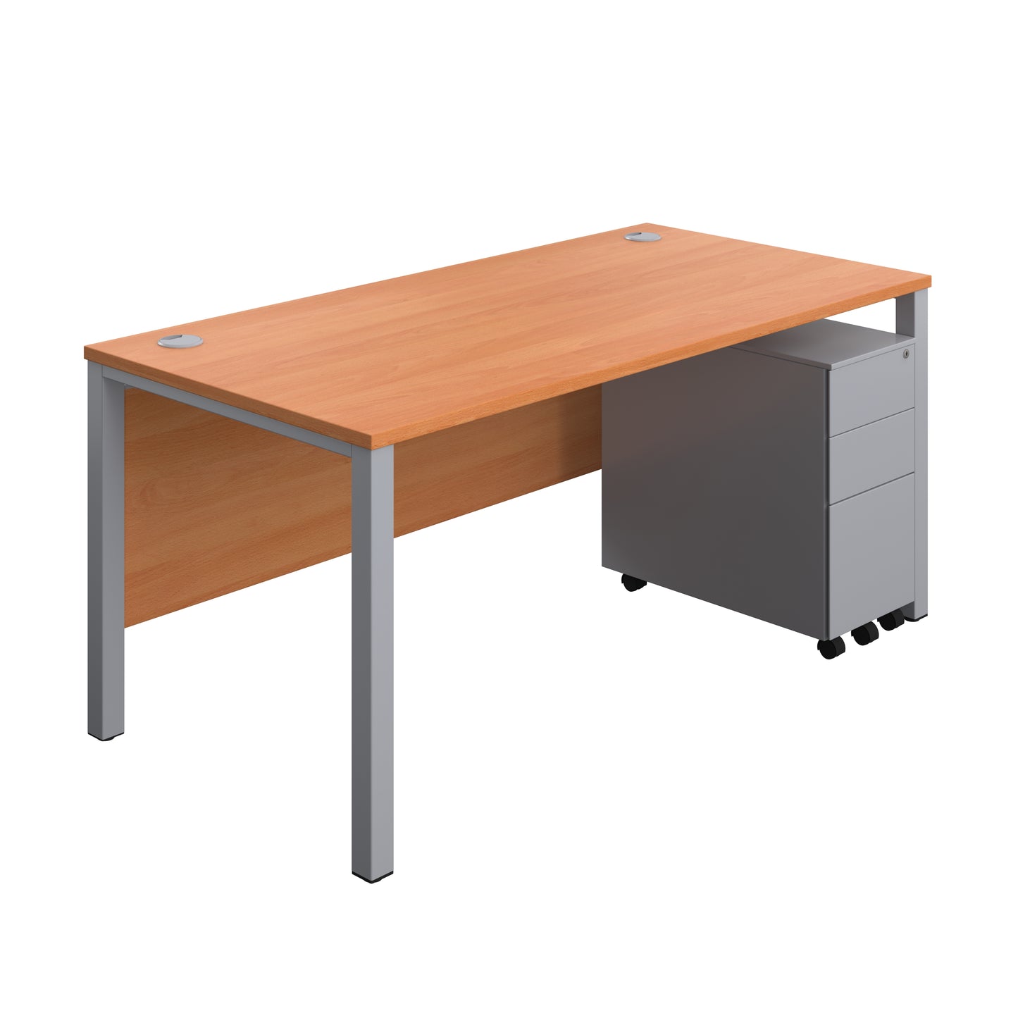 Aztec|Goal Post Leg|Rectangular Desk with 3 Drawer Slimline Steel Pedestal|1600x800|Beech-Silver