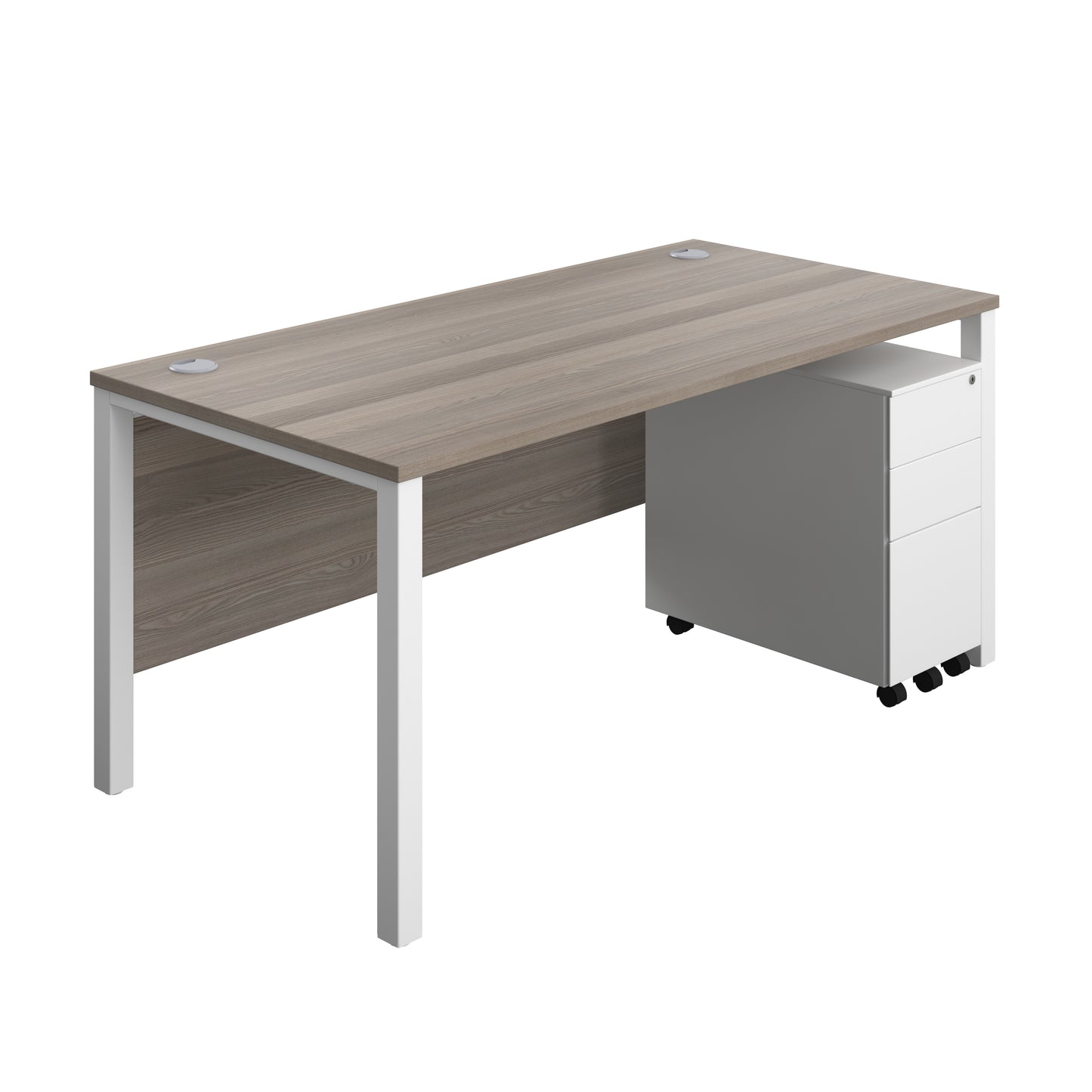 Aztec|Goal Post Leg|Rectangular Desk with 3 Drawer Slimline Steel Pedestal|1600x800|Grey Oak-White