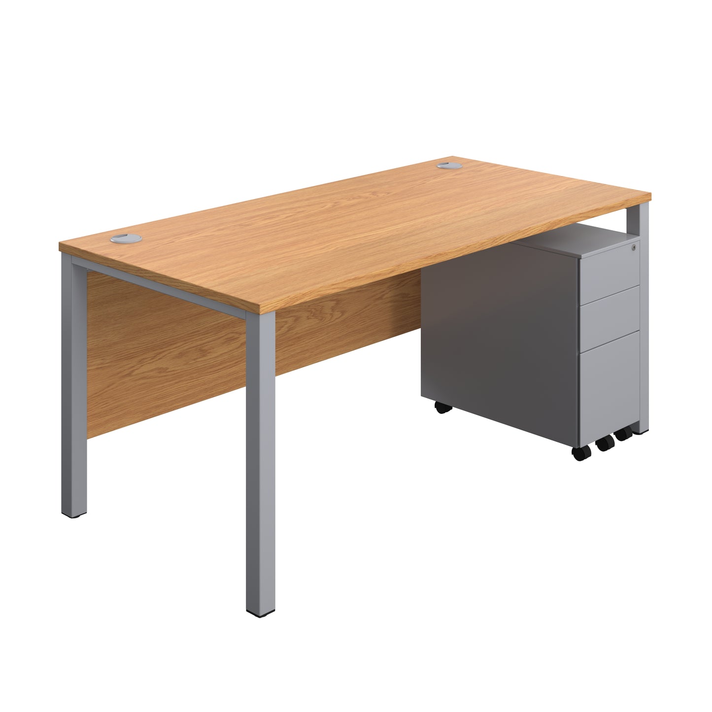 Aztec|Goal Post Leg|Rectangular Desk with 3 Drawer Slimline Steel Pedestal|1600x800|Nova Oak-Silver