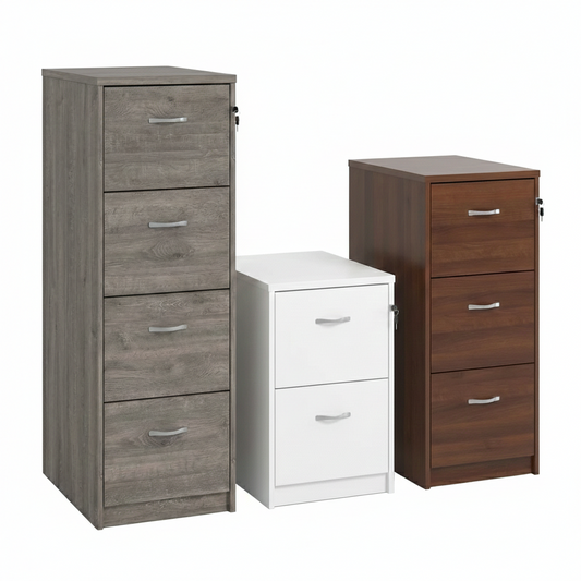 Wooden filing cabinet with silver handles