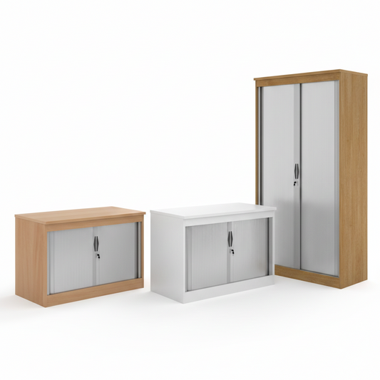 Systems Wooden Tambour Cupboard | 550mm Deep Office Storage | Oak, Beech, & White