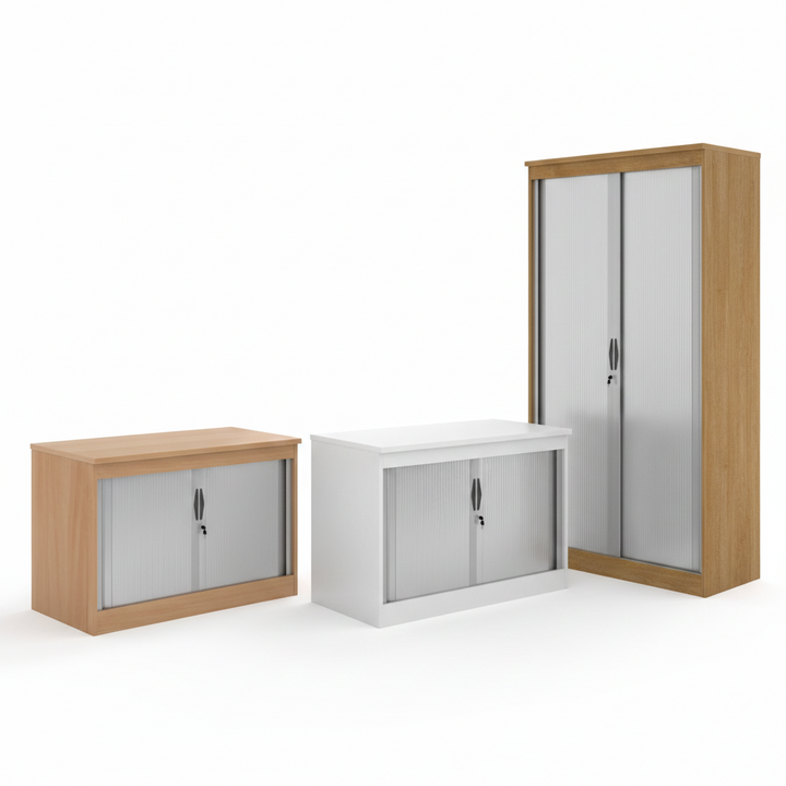 Systems Wooden Tambour Cupboard | 550mm Deep Office Storage | Oak, Beech, & White