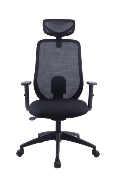 Black office chair with mesh backrest on a white background